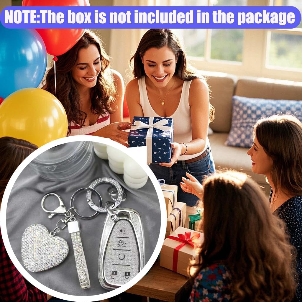 Key Fob Cover with Diamond Keychain for Women Car Key Holder Compatible with Chevy Chevrolet Equinox Malibu Cruze Traverse Camaro Trax Blazer Volt Bolt Protector, 5 Buttons (Silver-Heart)