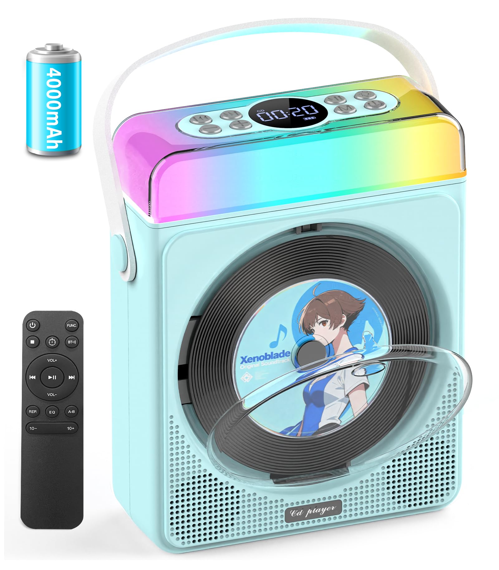 Portable CD Player with Bluetooth & RGB Lights, 4000mAh Rechargeable Personal CD Player with Speakers & Remote, USB/TF/AUX Support, Portable Bluetooth CD Player for Home/Outdoor Use(Blue