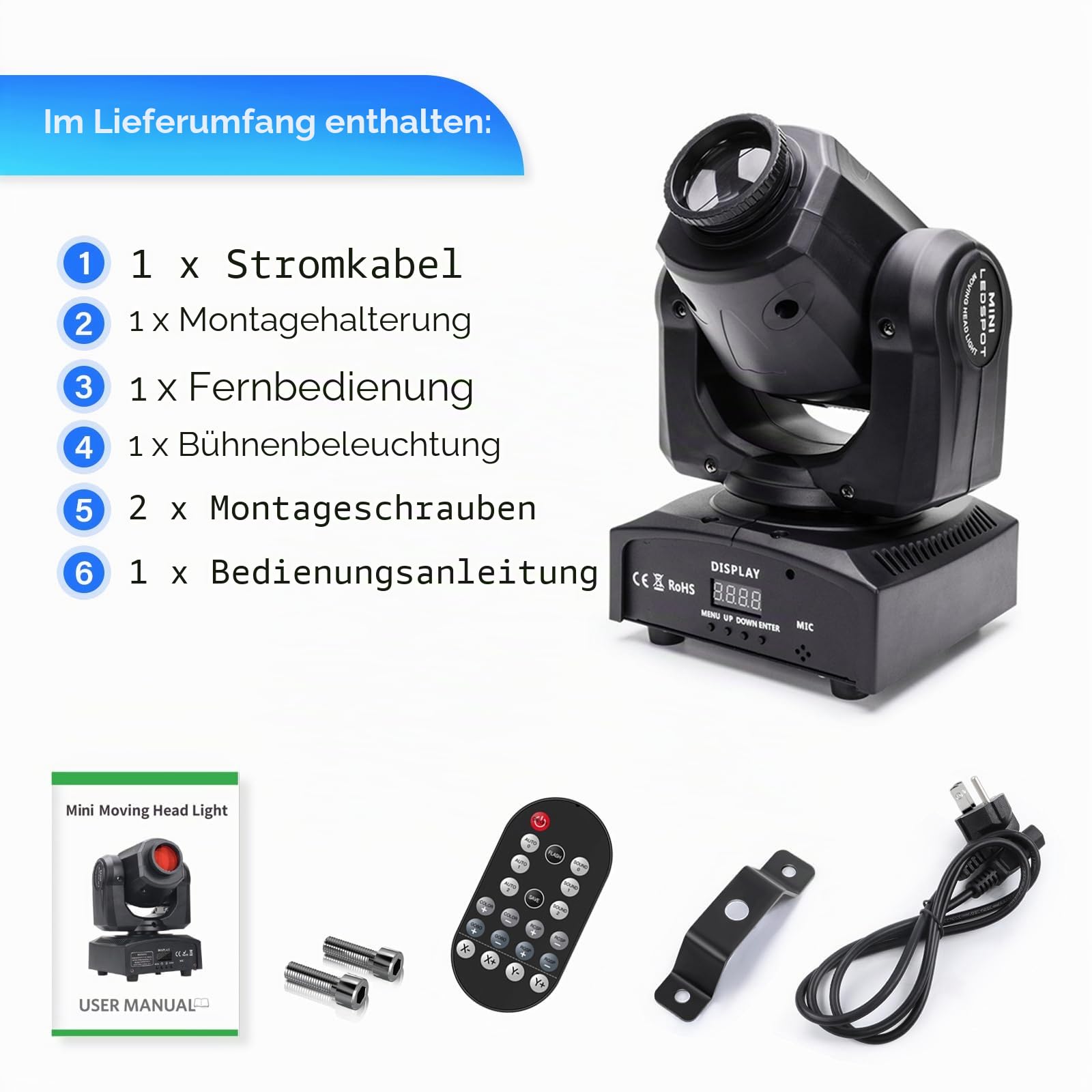 UKing 50W Moving Head dmx512 Disco Lichteffekt 8 Muster 8 Farben Partylicht mit Funktionell Fernbedienung 9/11 Kanäle Gobo LED Strahler für DJ Bar Club Bühnenlicht (Schwarz)