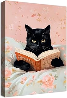 Marco de Madera Cuadro Modernos Divertido Gato Negro Lectura de libros Cuadros Decorativos Lienzo Pintura Rosa Vintage Animal Imagen Cuadros Decoracion Salon Cuarto de Baño Niñas Habitación 30x40cm