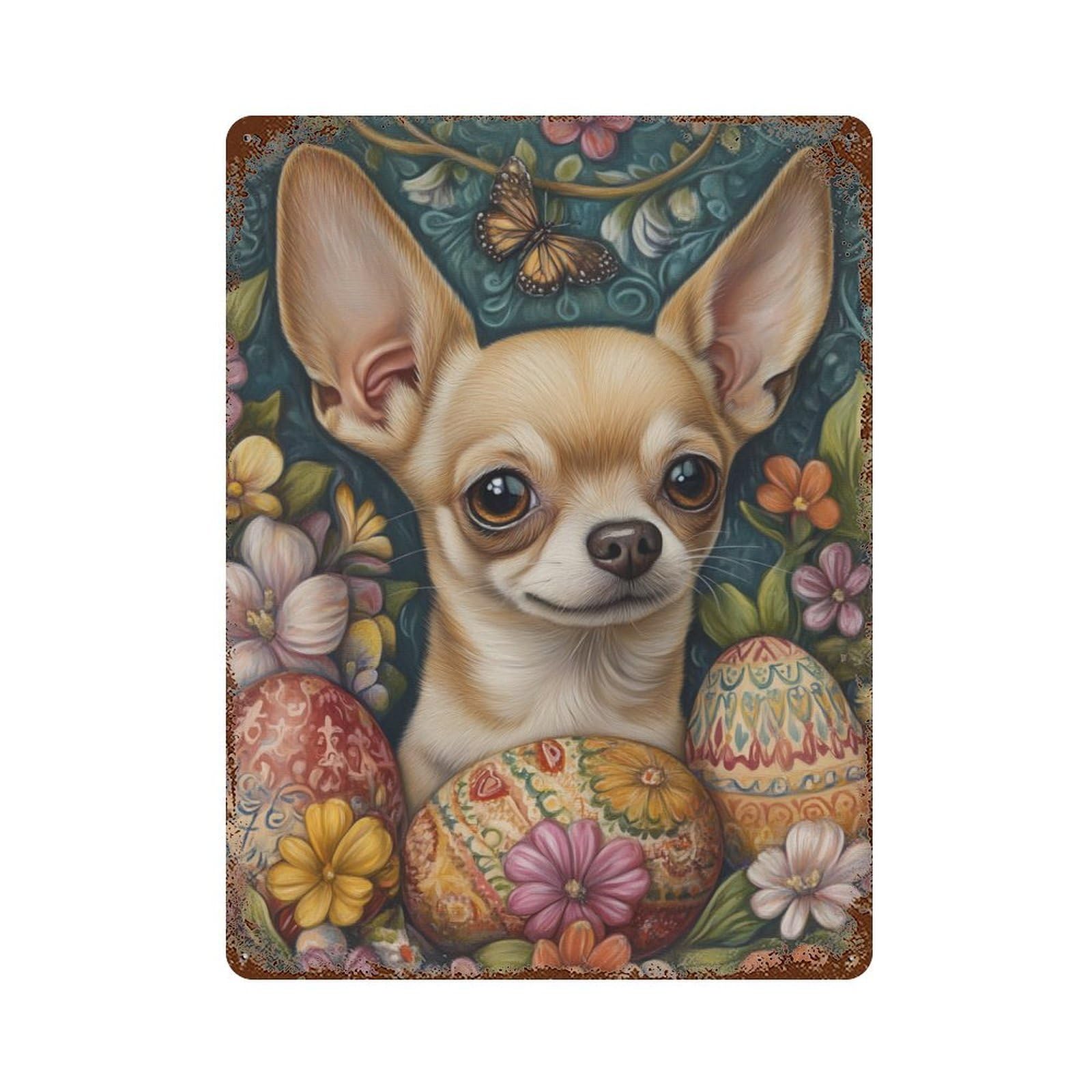Rust Effect Chihuahua Easter Egg Art Print Rustic Tin Plaque 15.7"x11.8", Classic Wall Plaque for Shed, Workshop And Garage Wall Decor