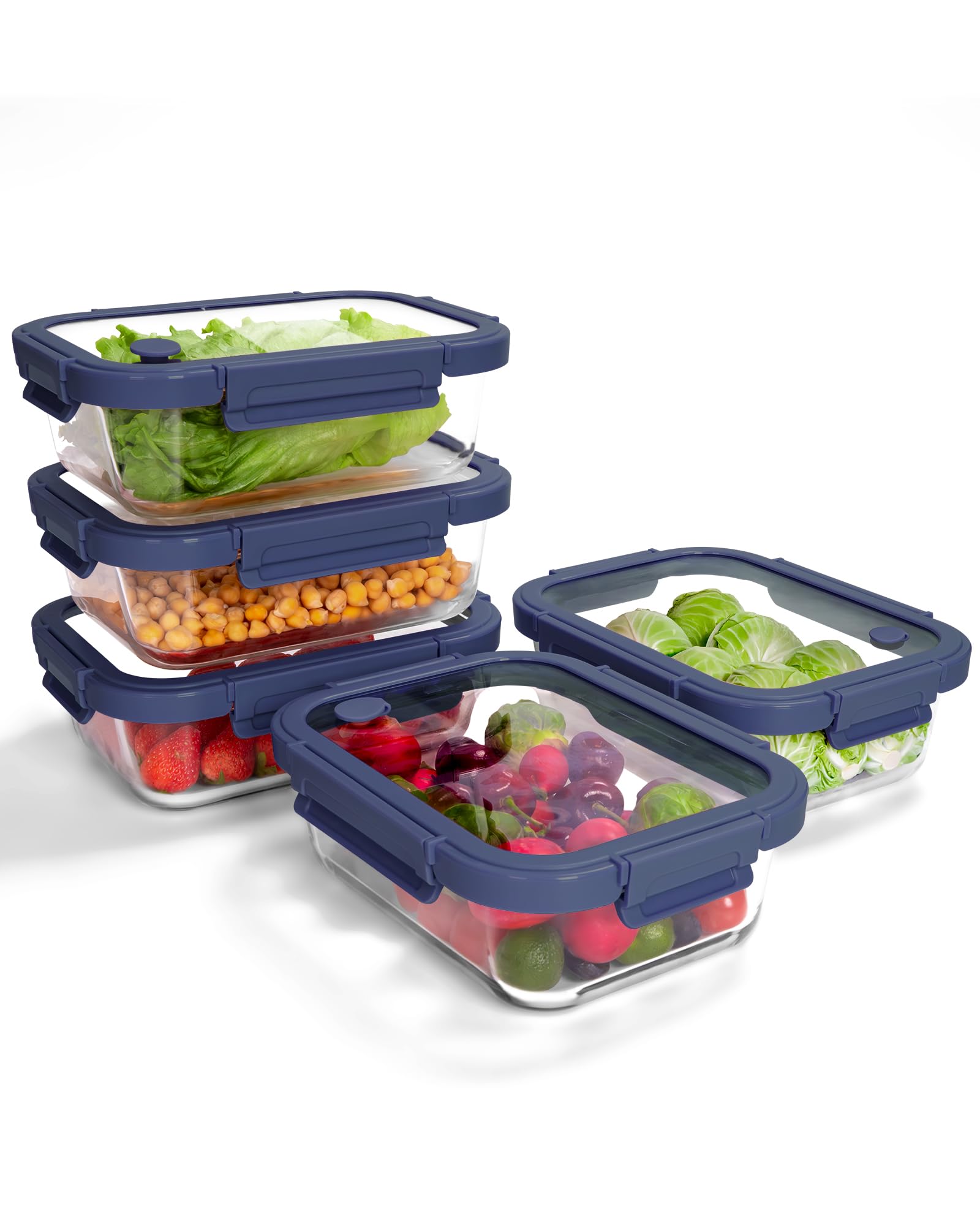BOROHOUSE 5-Pack Borosilicate Glass Containers with Tempered Lids, 35.2oz/4.4 Cup Airtight Meal Prep Set, Microwave/Freezer Safe (Blue)