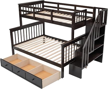 Stairway Twin-Over-Full Bunk Bed with Drawer, Storage and Guard Rail for Bedroom, Dorm, for Adults, Espresso