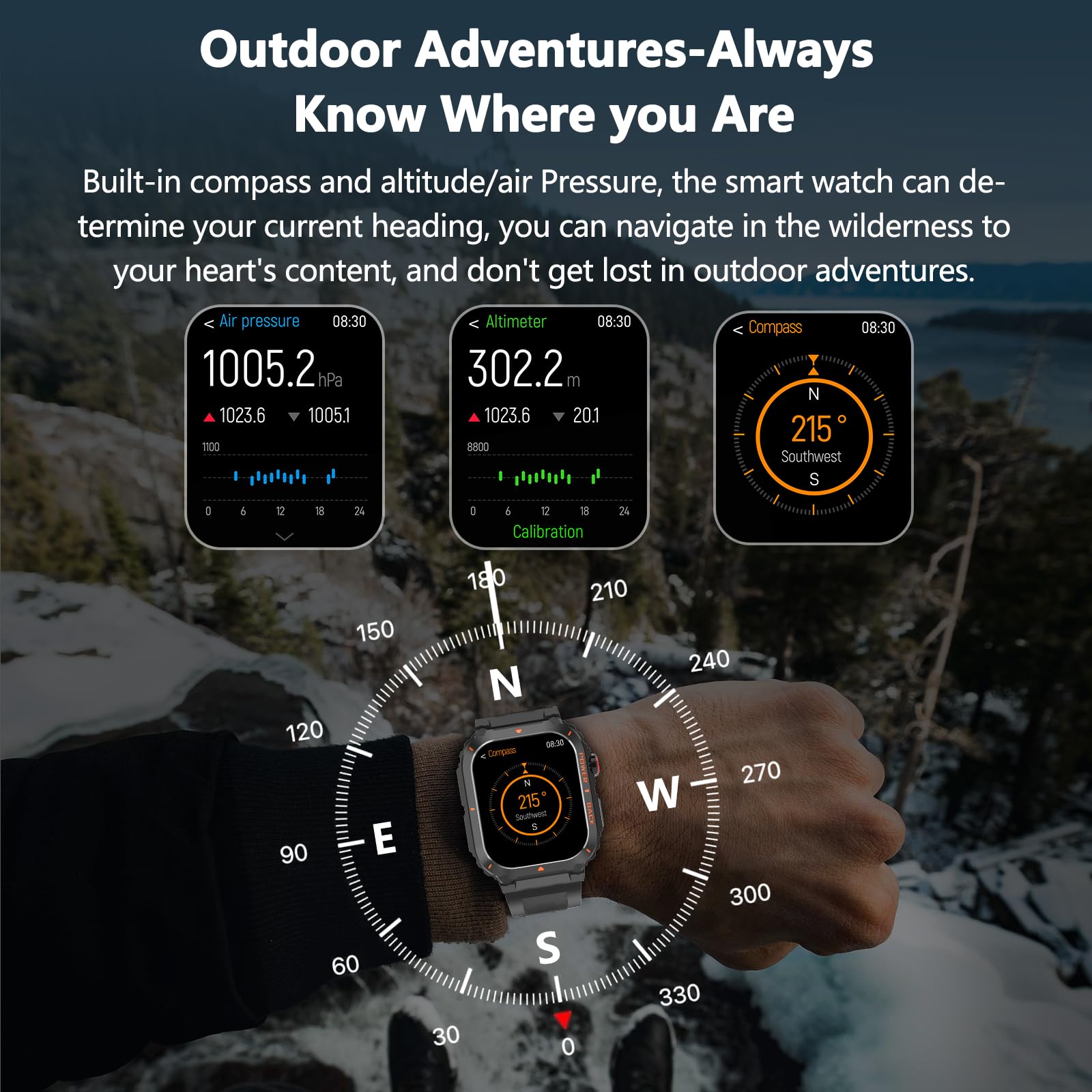 Militär-Smartwatch mit GPS (Annehmen/Tätigen von Anrufen), wasserdichte Fitness-Tracker-Smartwatches mit Gesundheitsmonitor, Kompass/Höhe/Luftdruck, über 100 Sportmodi, für Android/iPhone (mit GPS,