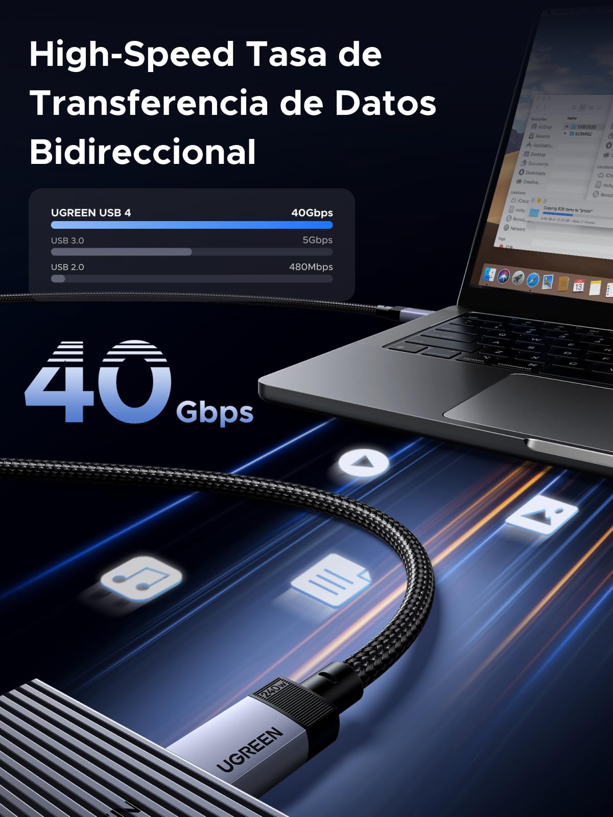 UGREEN Cable USB Type C Vídeo 8K@60hz, USB4 GEN3 40Gbps, 240W Carga Rápida PD 3.1, Compatible con Macbook Air, HP, ASUS, iPhone 17 Pro Max Air/iPhone 16/15 Pro Max, Galaxy S26/S25 Ultra, Monitor. 1M