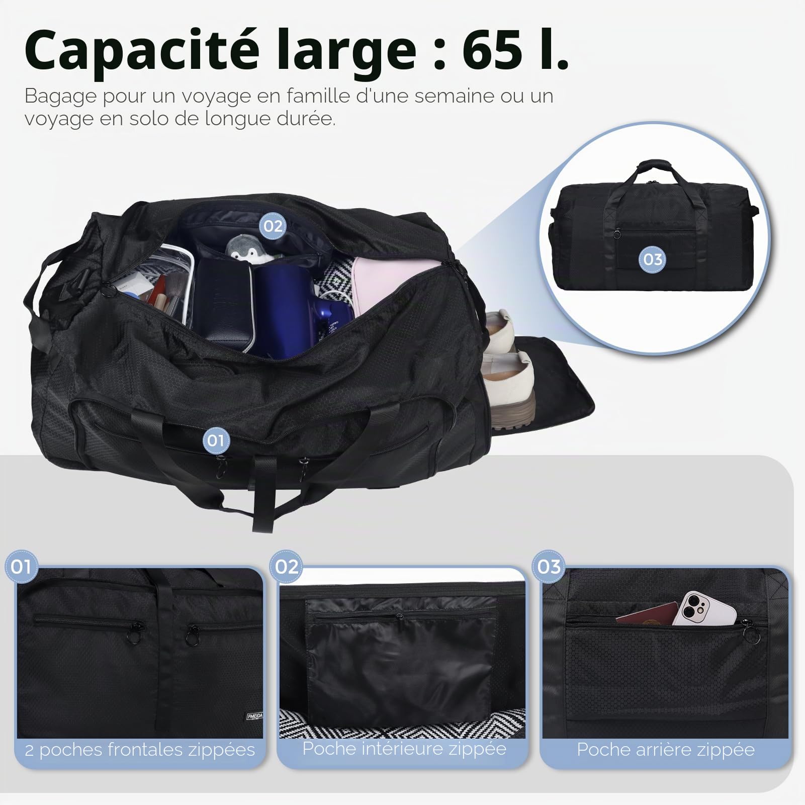 Fmeida Sac de Voyage Pliable 65L – Grand Sacs de Sport Imperméable avec Compartiment à Chaussures pour Homme et Femme, Sac Weekend Léger avec Bandoulière, Idéal pour Gym, Camping, Randonnée, Maternité