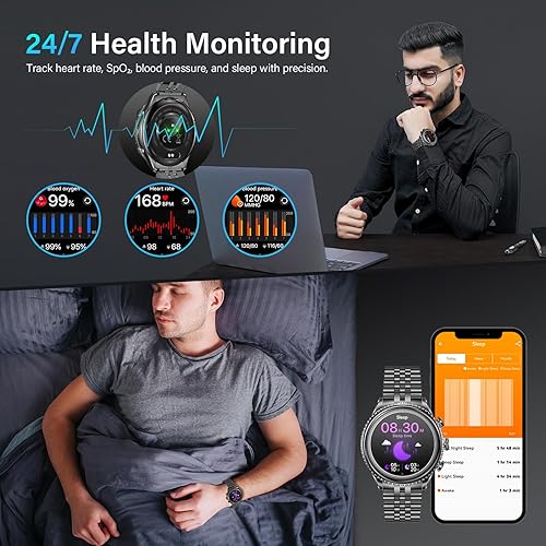 Miniatura 5 de Reloj inteligente con bisel giratorio 2025 para hombre con llamada Bluetooth, frecuencia cardíaca, presión arterial, SpO2, monitor de sueño, reloj