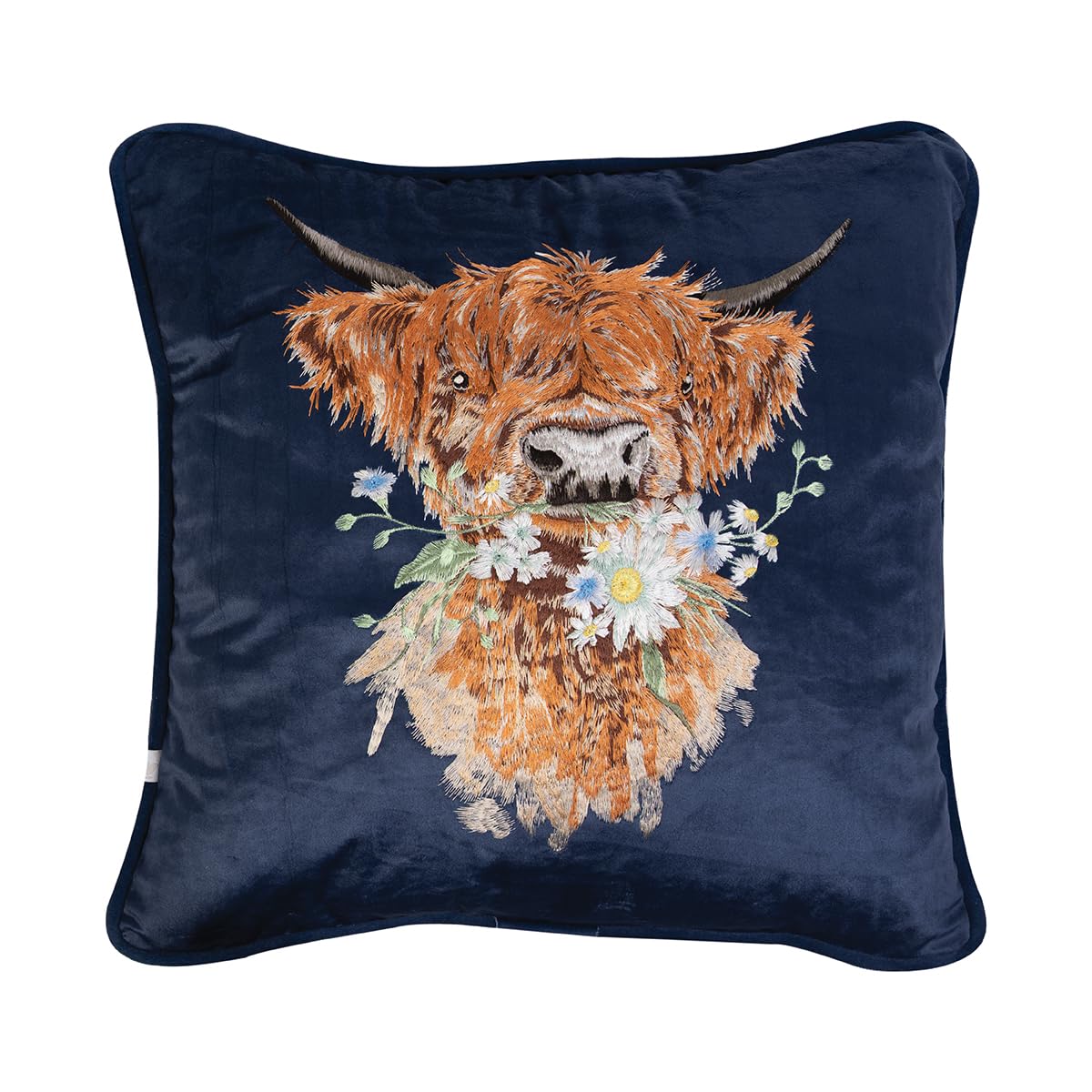 Wrendale Designs Navy By Hannah Dale 'Daisy Coo' Highland Cow Embroidered Cushion