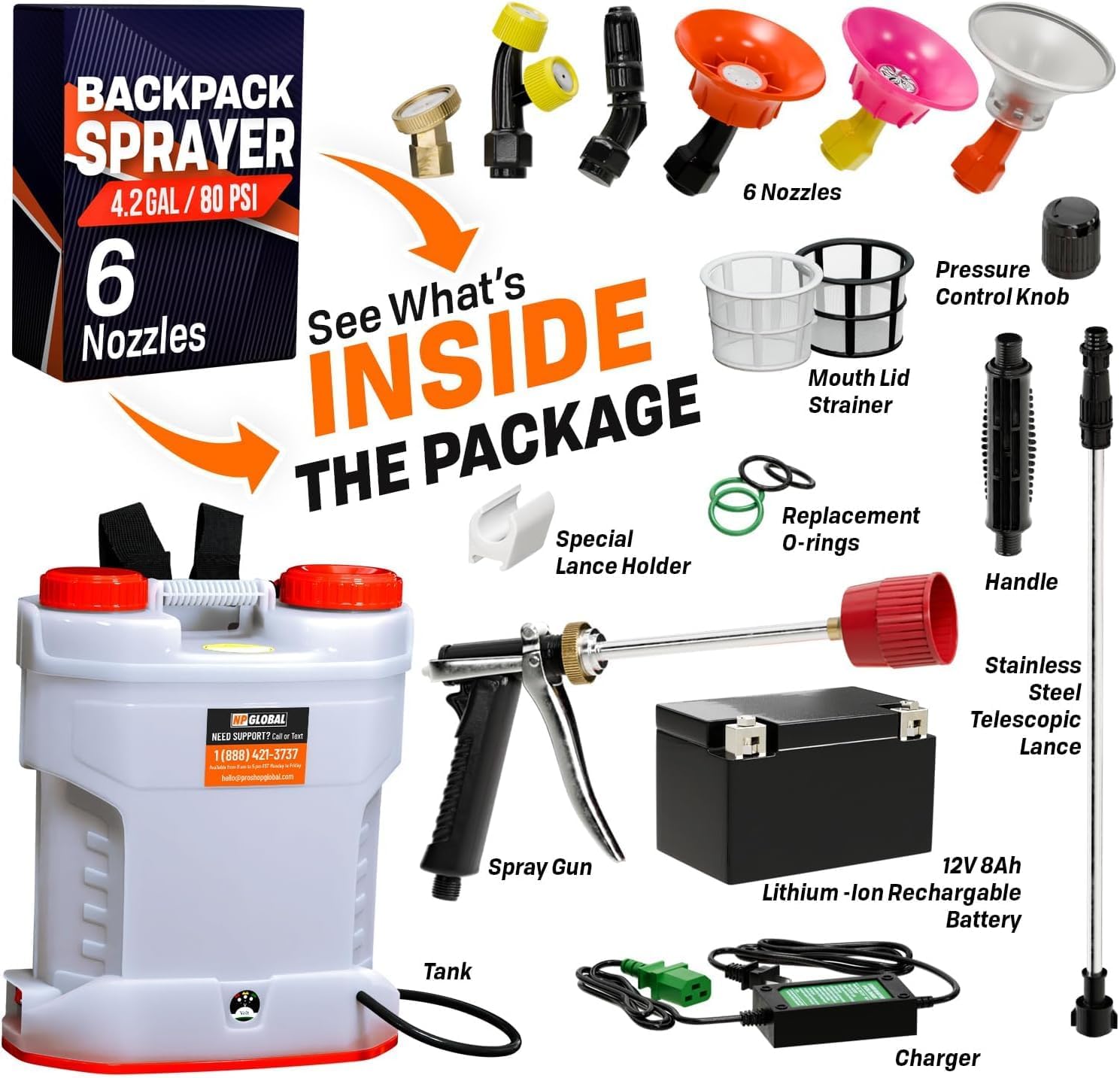 4.2 Gallon Battery-Powered Backpack Sprayer - 6 Nozzles, 80 PSI Max Pressure, Extended Battery Life, Wide Mouth Design, High-Pressure Hose, Adjustable Pressure Control