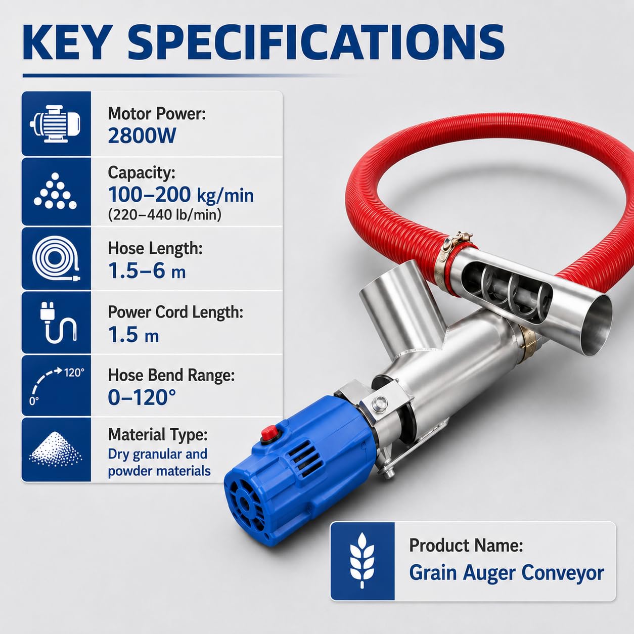 Convoyeur À Vis Flexible Portable De 2800 W Pour Laspiration Des Grains, Idéal Pour Les Trémies Et Les Silos. 2m