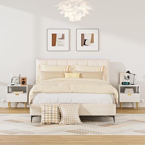 Miniatura 3 de Mesita de noche con estación de carga, cómoda para dormitorio, mesita de noche acanalada, mesa auxiliar para sala de estar, mesita de noche moderna