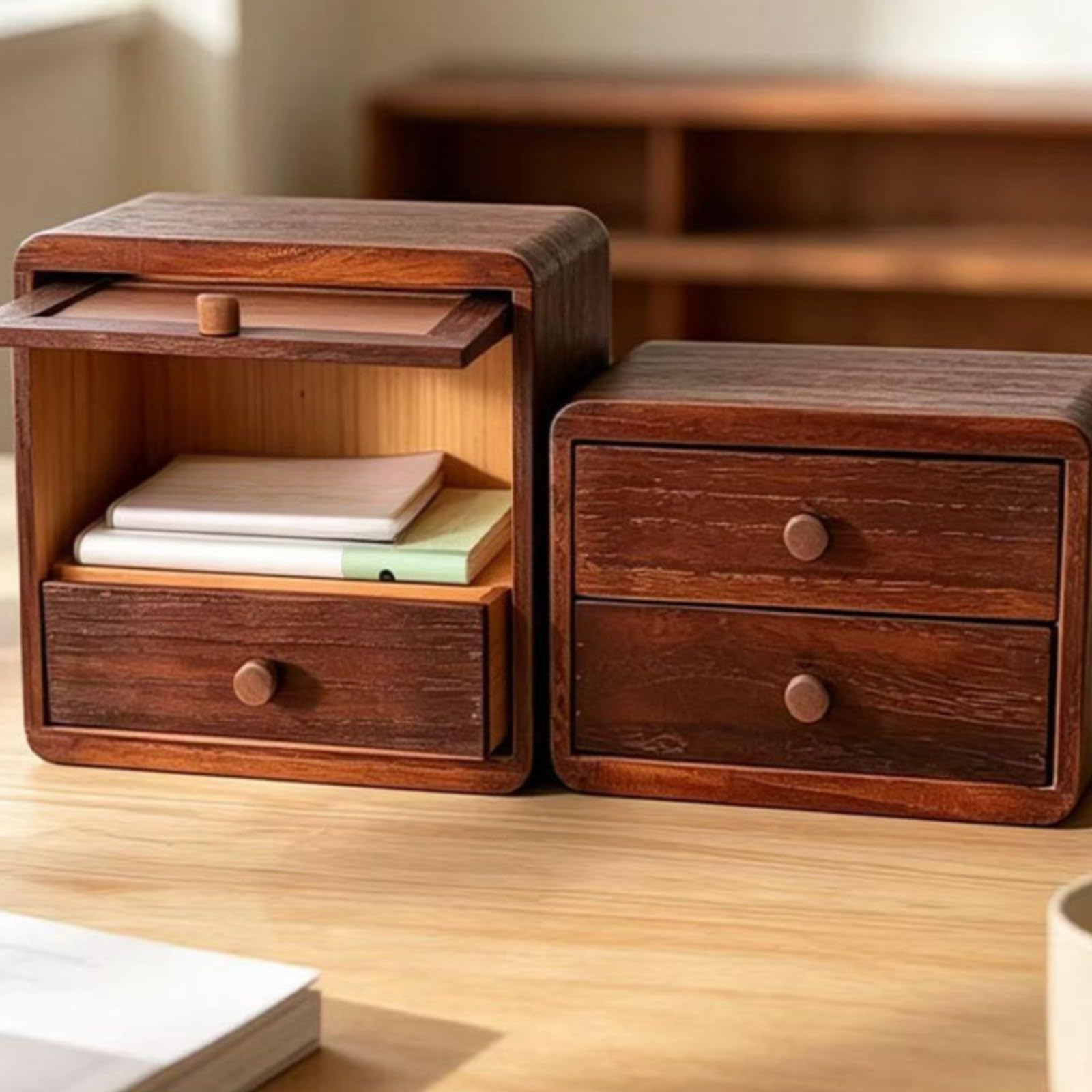 kowaku Scatola in Legno con Cassetti Multiuso | Design Compatto Salvaspazio, Organizzatore da Scrivania con Cassetti, per Toeletta, Due Strati