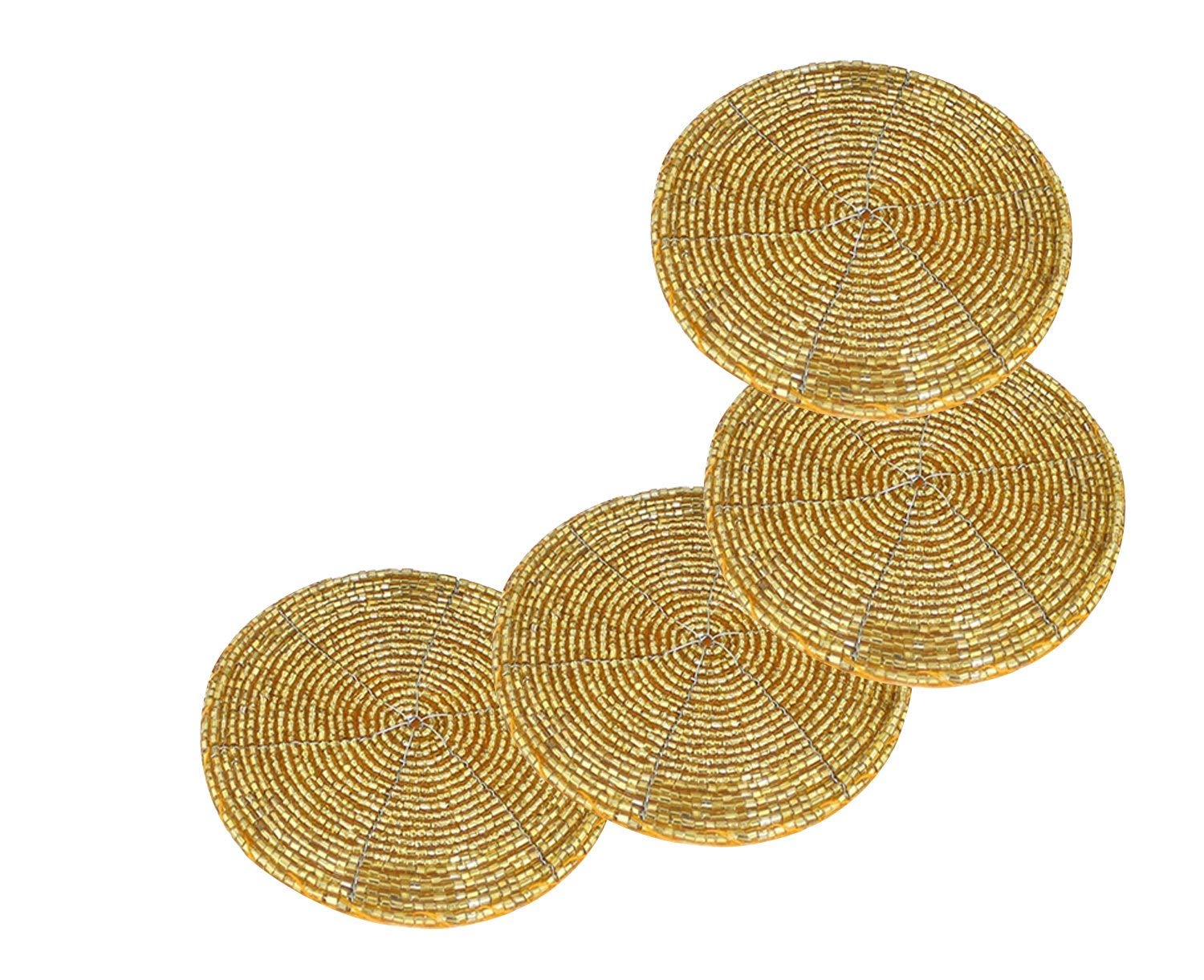 AIA India Handmade Golden Beaded Tea Coasters, Set of 4 Pieces | Diameter 4.00 Inch