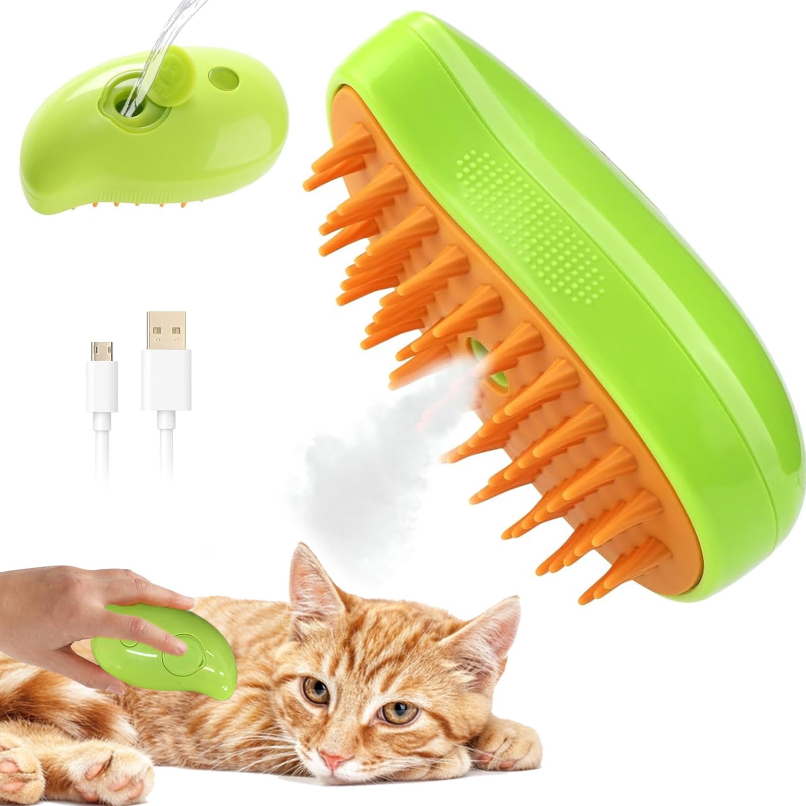 Steamy Cat Brush, Cepillo de Vapor para Gato, 3 en 1 Gatos Cepillo Vapor, Vepillo de Vapor Autolimpiable, Mascota Pelo Cepillo de Limpieza, Steamy Masaje Brush para Pelo Corto y Largo (Verde)