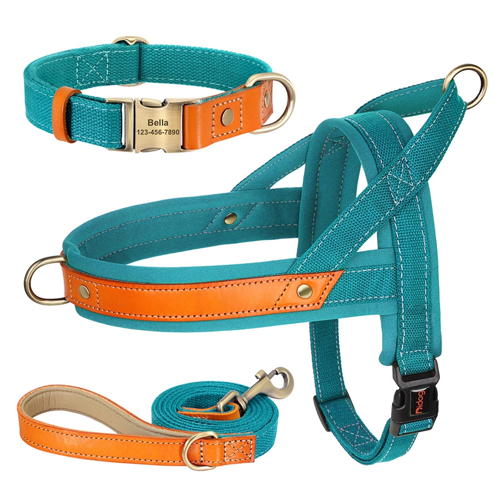 REYNEM Nylon Dog Collar Harness Leash Set No Pull Leather Puppy Dog Harness Pet Vest Strap For Small Medium Large Dogs French Bulldog (Color : Blue 3 Set, Size : L)