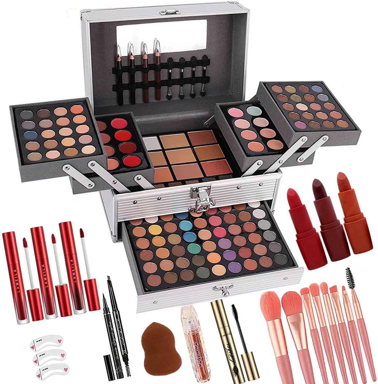 Unifull 132 Color All- In- One Makeup For Women Full Kit,Professional Kit,Makeup Gift Set Women,Girls&Teens,Include Eyeshadow/Lipstick/Concealer/Lip Gloss/Eyeliner/Mascara（006N2-Silver）