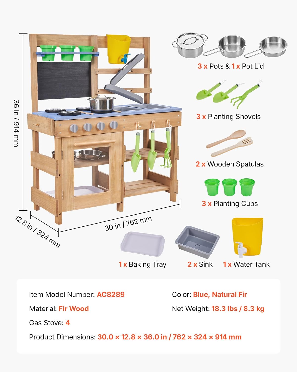 VEVOR Mud Kitchen, Outdoor Mud Kitchen for Kids, Wood Outdoor Play Kitchens with Stoves, Hooks, Sinks, Planting Shovels, Spatulas, Handle, Cookware Pots and Accessories, Play with Water and Sand