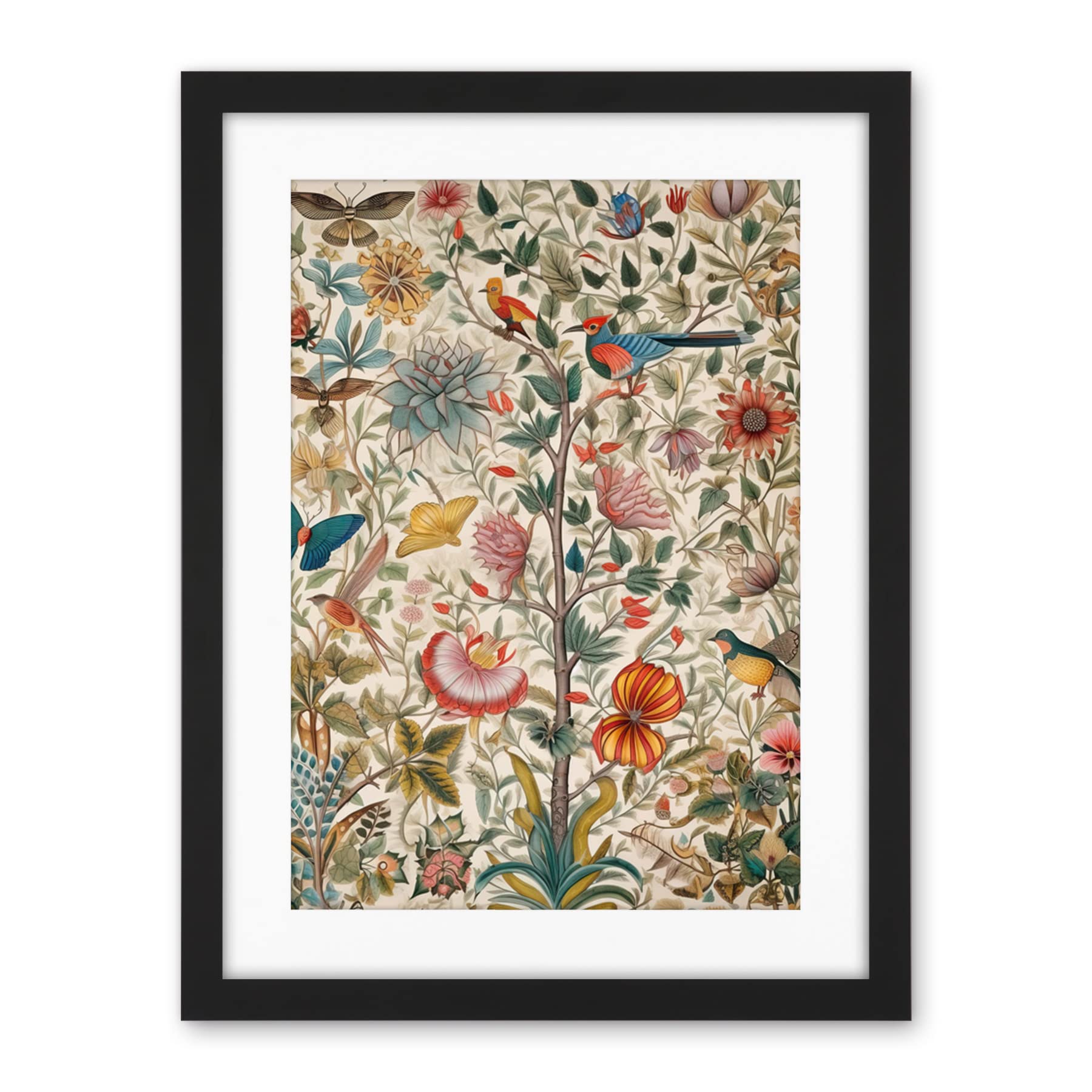 Artery8 Butterflies And Flower Plants Pattern Folk Art Watercolour Painting Artwork Framed Wall Art Print 18X24 Inch