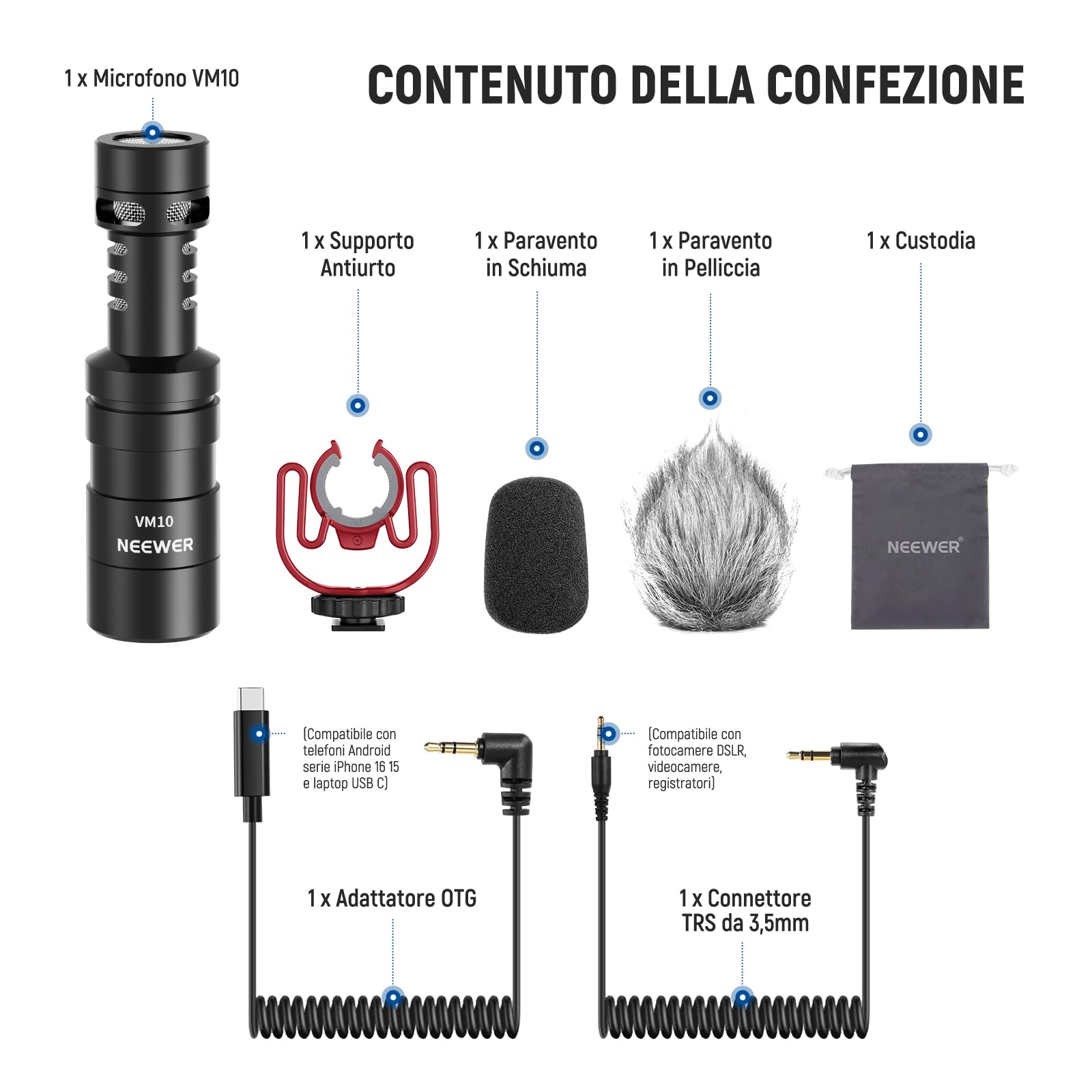 Neewer Microfono Vlog Plug & Play, mini microfono supercardioide 20-20KHz con TRS da 3,5 mm, USB C OTG, supporto antiurto, parabrezza compatibile con tablet Android Mac 16 15 14, Samsung S24, VM10