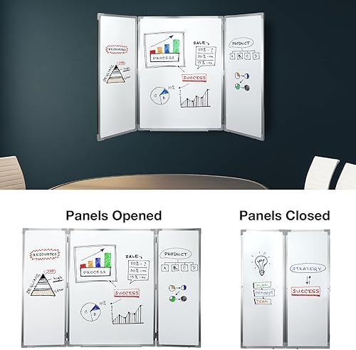 Miniatura 8 de Pizarra blanca plegable de 40 x 60 pulgadas para montar en la pared con superficie magnética y bandeja de marcadores abatible