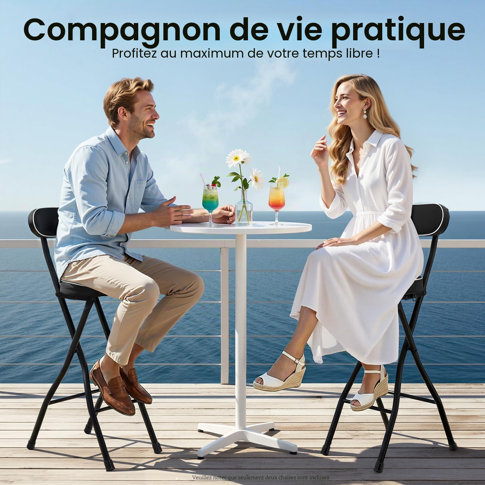 Lot de 2 tabourets de bar pliants avec dossier, pour extérieur, chaise haute, chaise de bar rembourrée, tabouret pliable pour bar, comptoir, cuisine, balcon, jardin, hauteur d'assise 65 cm, charge