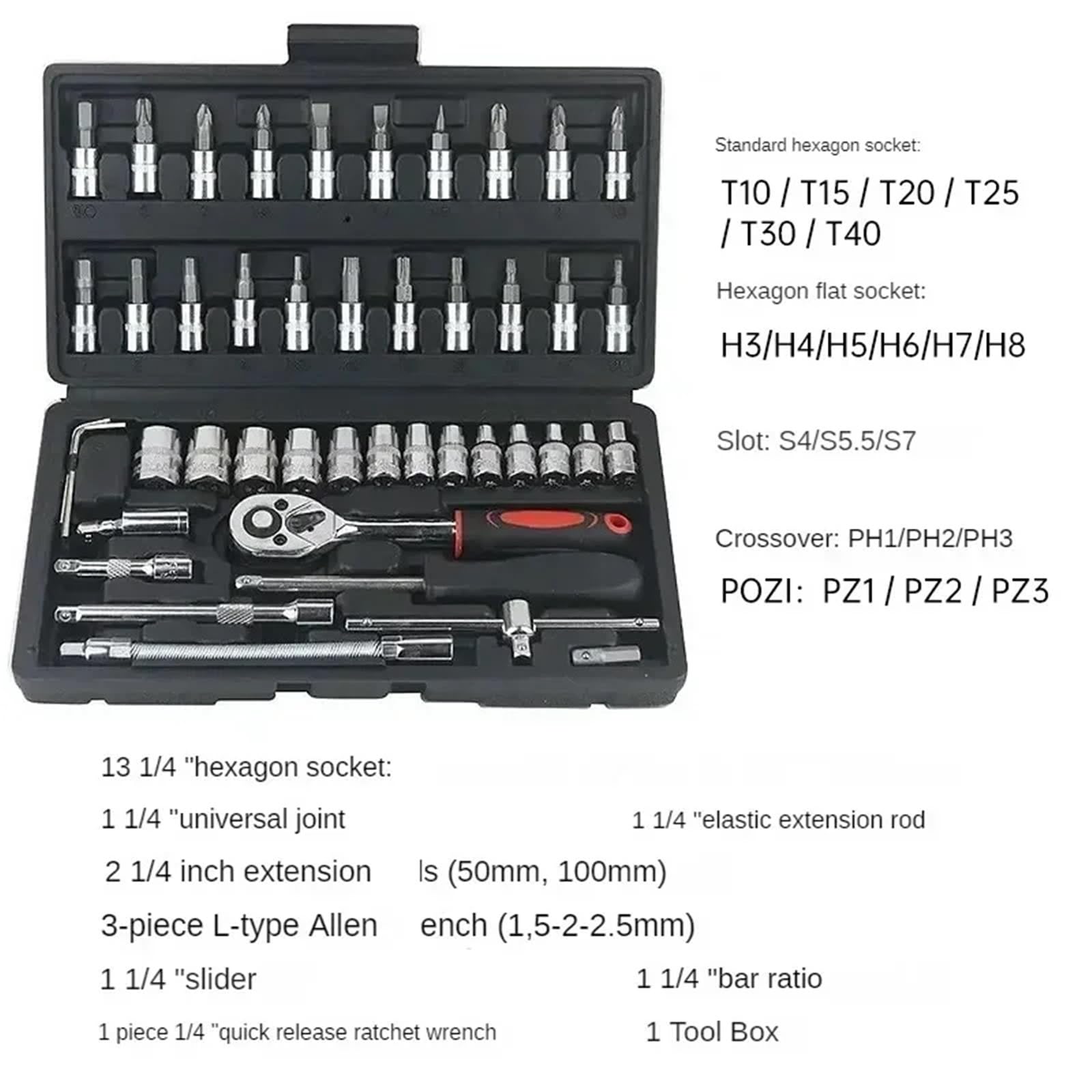 Kit de Herramientas reparación automóviles, 46/53 Piezas, Juego Llaves Vaso, Llave dinamométrica trinquete para Hogar o Garaje