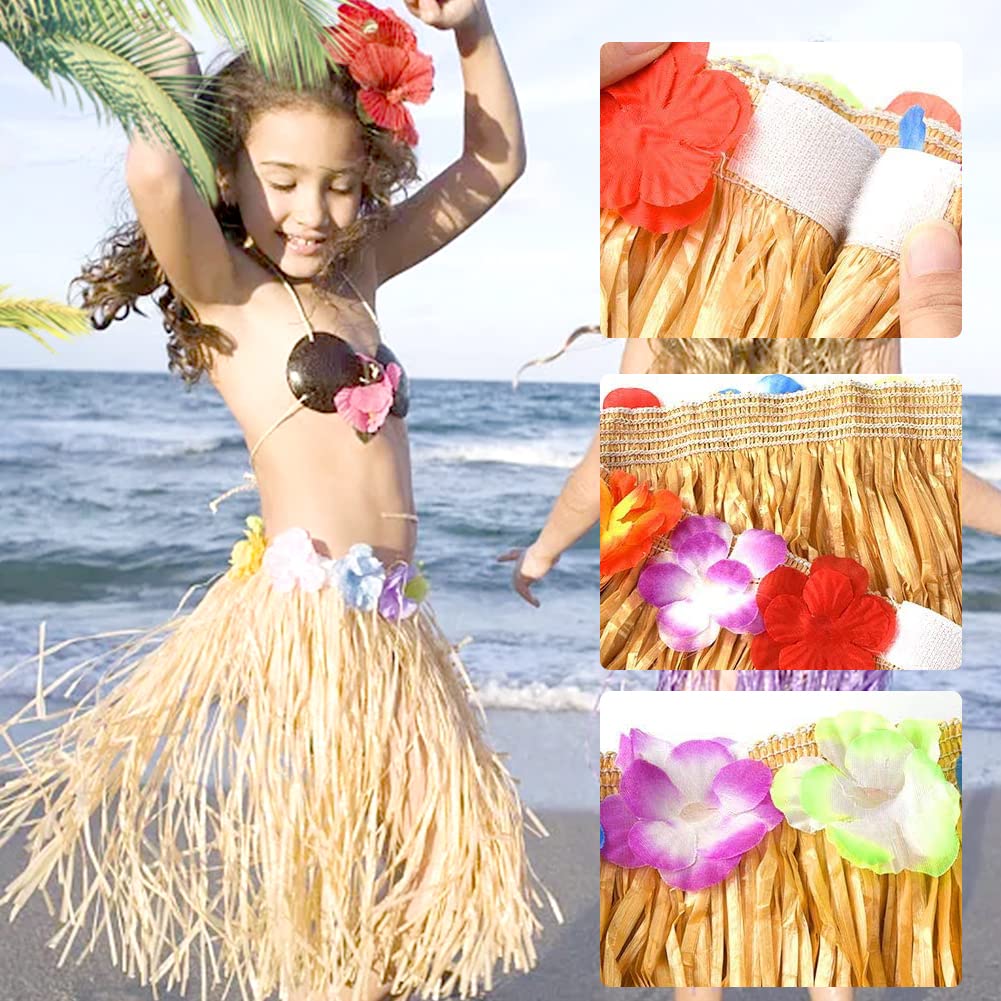 6 Pcs 40cm Hula Grass Jupe Hawaiian Leis Dance Dress Set avec Fleur, Jupe Élastique Couleur Paille Dorée pour Hawaiian Aloha Beach Summer Party Supplies