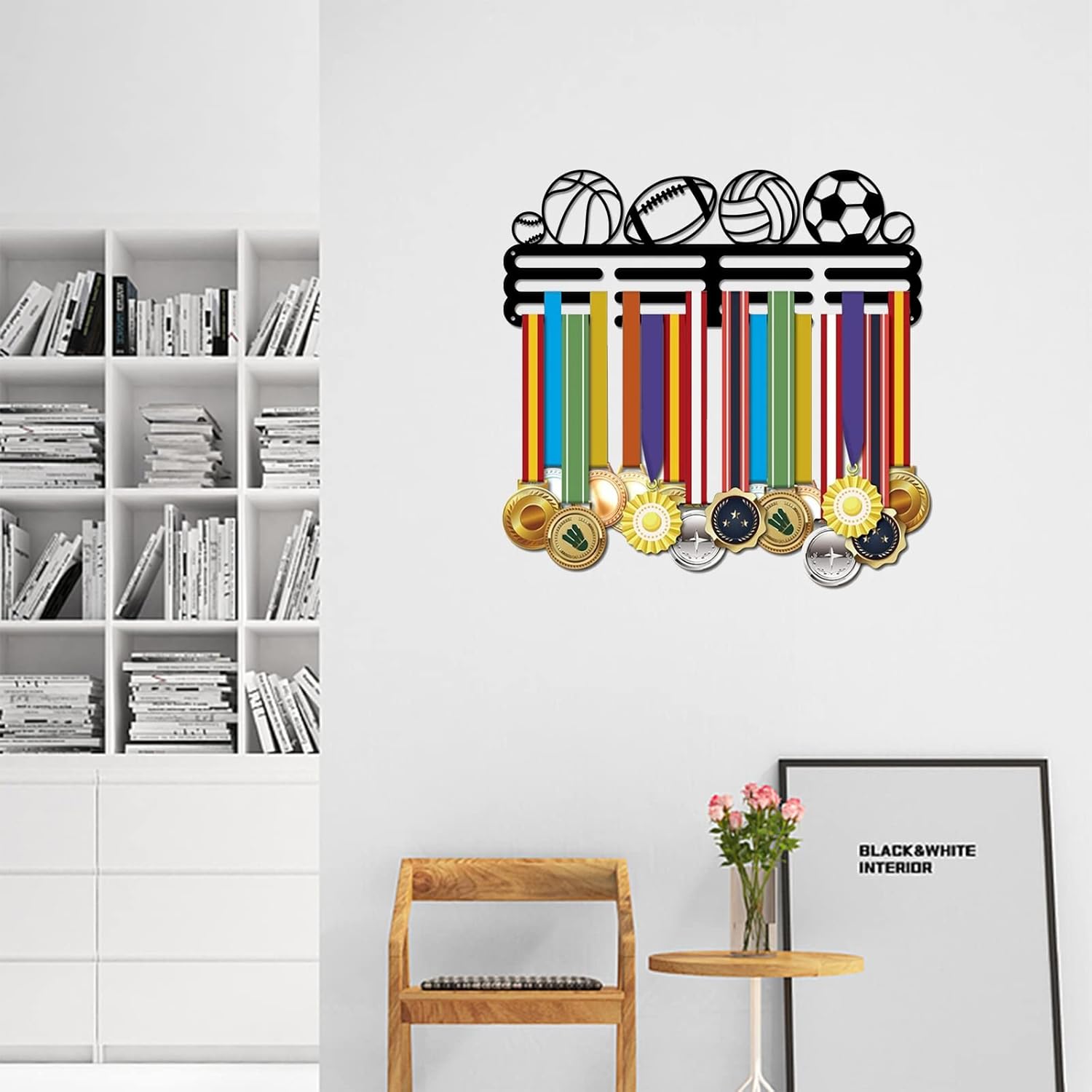 SUPERDANT Balls Sports Medal Display Hanger Baseball Medal Holder Soccer Iron Medals Display Rack Basketball Wall Mounted Multiple Medal Award Storage Hook for 60+ Medals Black