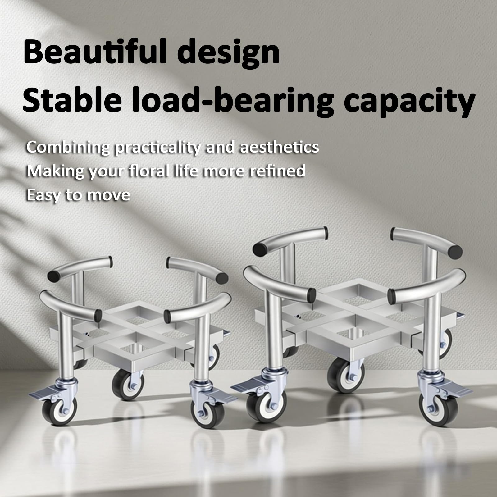 Vaso da fiori in acciaio inox resistente, vassoio mobile con 5 ruote, diametro interno regolabile, capacità di carico 200-300 kg, ideale per uso domestico