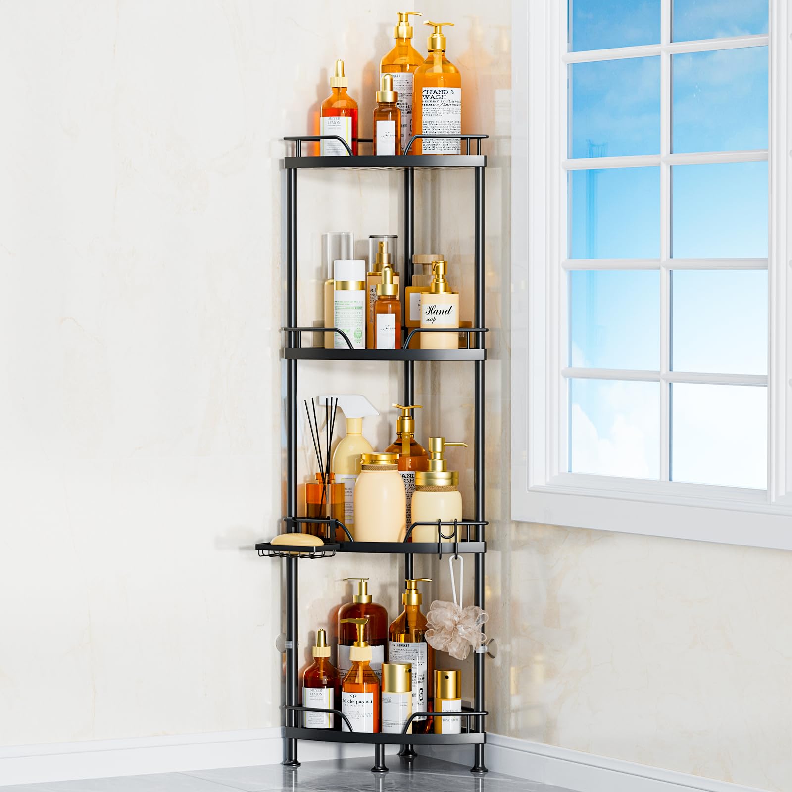 Corner Shower Caddy Standing 4 Tier Shower Shelf Organizer for Bathroom Floor Shower Corner Rack Storage with 2 Hooks, Small Basket (Black, 4 Tier)
