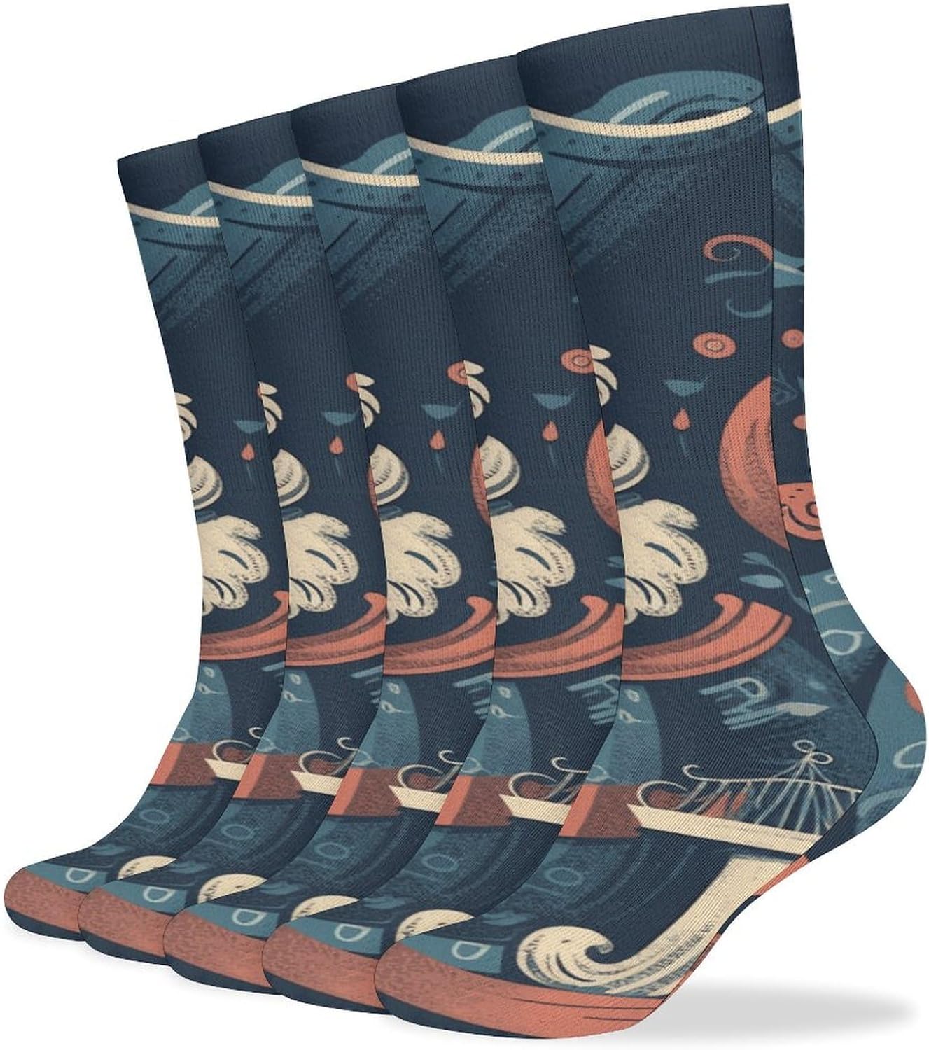 5-Pack Knee High Socks, 15.7 Inch Breathable Casual Socks Pirate Characters Stockings for Men Women