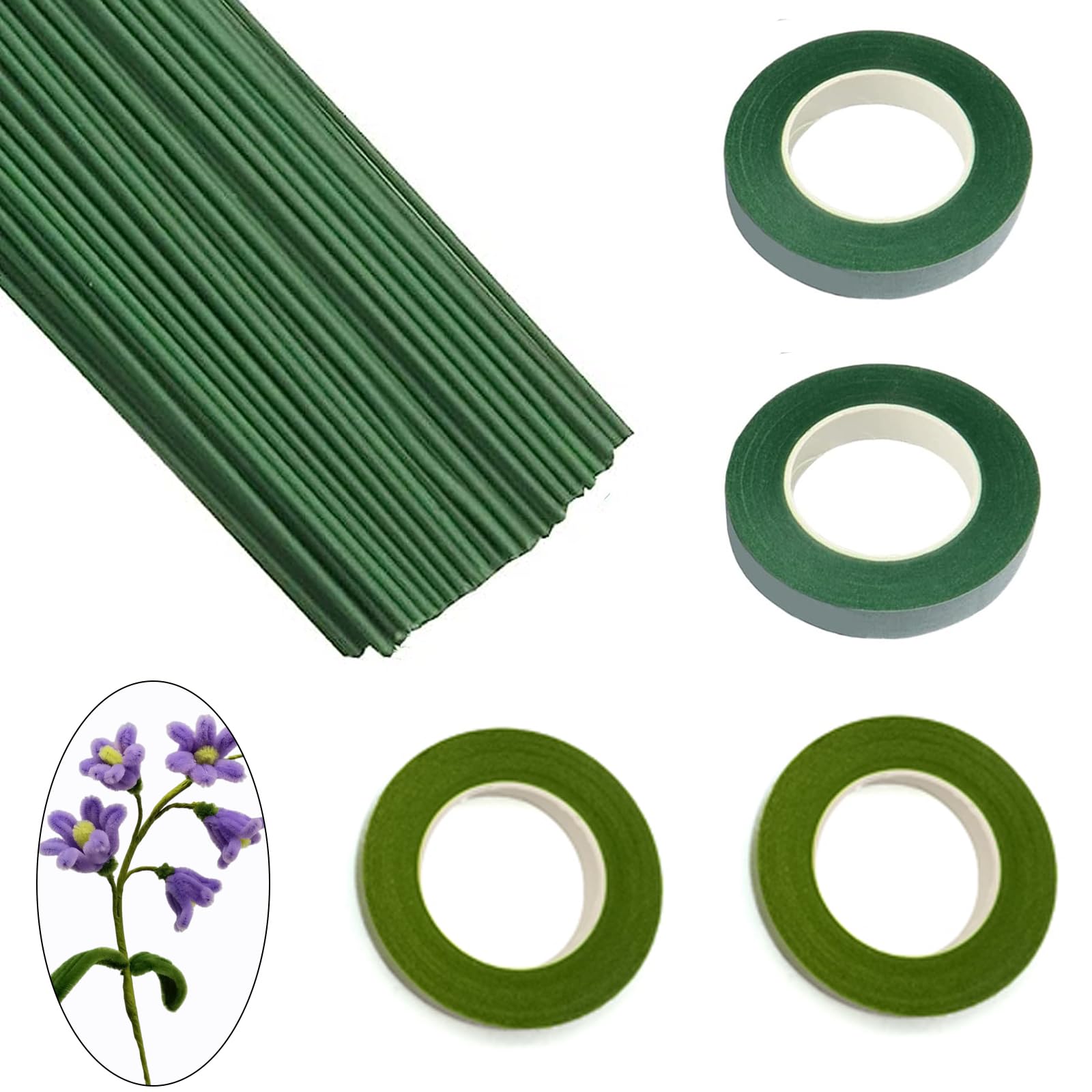 Swpohrat 50 pcs 2 Guage 11.8 Inch Floral Stem Wire and 4 Rolls 1/2 Inch Wide Green Floral Tape for Craft Pipe Cleaner Bouquet,Wedding Bouquet,Flower