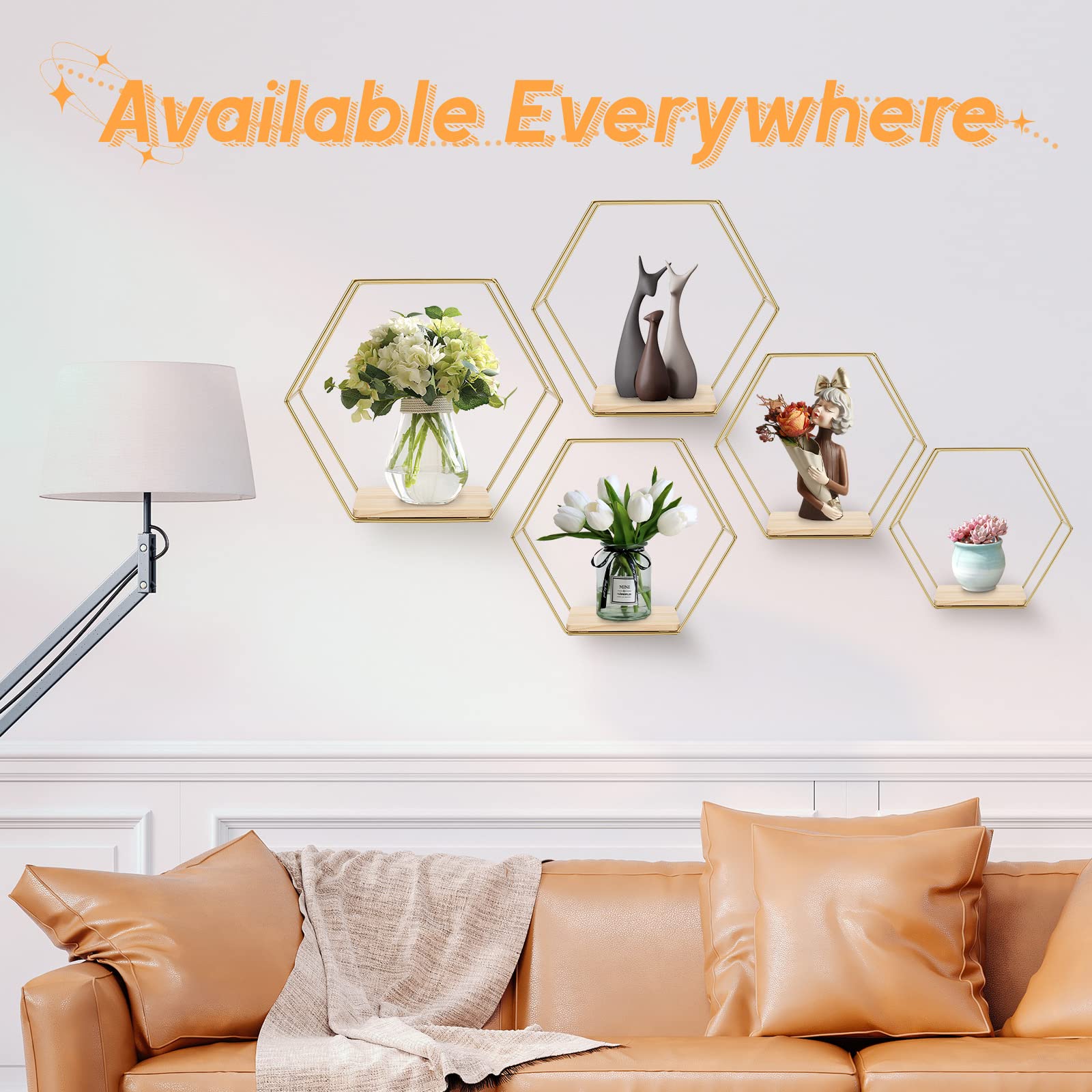 panthem Hexagon Wandregal Metall 5er Set, Gold Deko Hängeregal Loft Wandregale, Wand Regal für Wanddeko in Wohnzimmer, Schlafzimmer, Bad, Café und Hotel