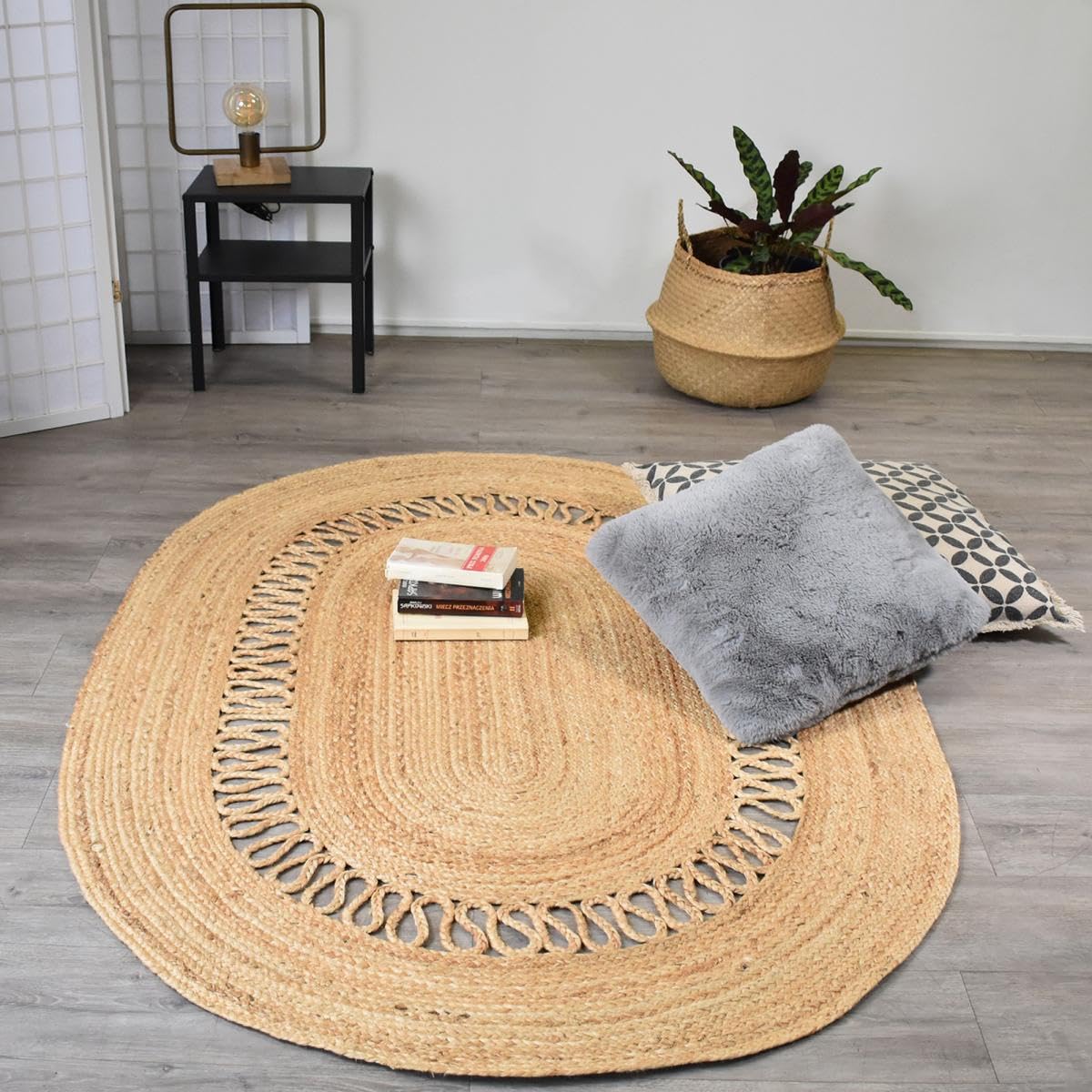 IMPALO Tapis Jute Salon, 160 X 230 Cm, Forme Ovale Élégante, Motif Rond Tressé, Beige, Tissé À La Main en Inde, Style Bohème, Kilim Authentique, 8232