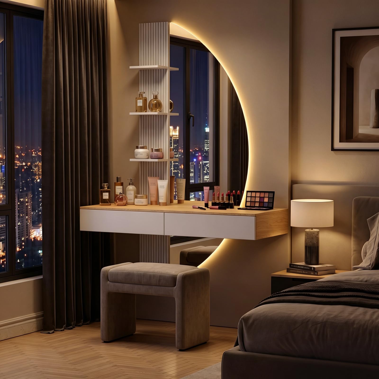 JUMMICO Coiffeuse Murale Flottante avec Miroir HD à éclairage LED, variateur Tactile et 3 températures de Couleur, équipée de tiroirs de Rangement (Blanc)