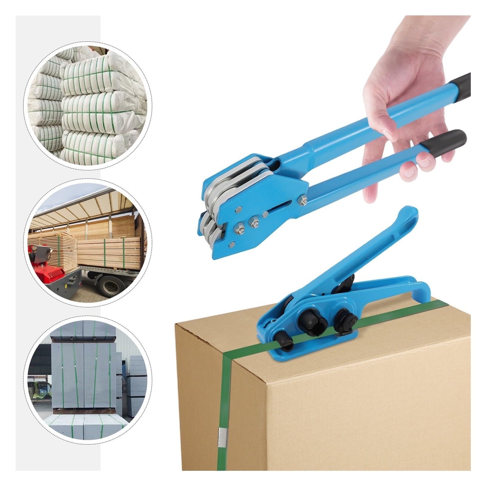 Kit di reggiatura for imballaggio, di tensamento 1000 N, struttura in alluminio pressofuso e acciaio, include guarnizi metalliche, imballaggio in plastica