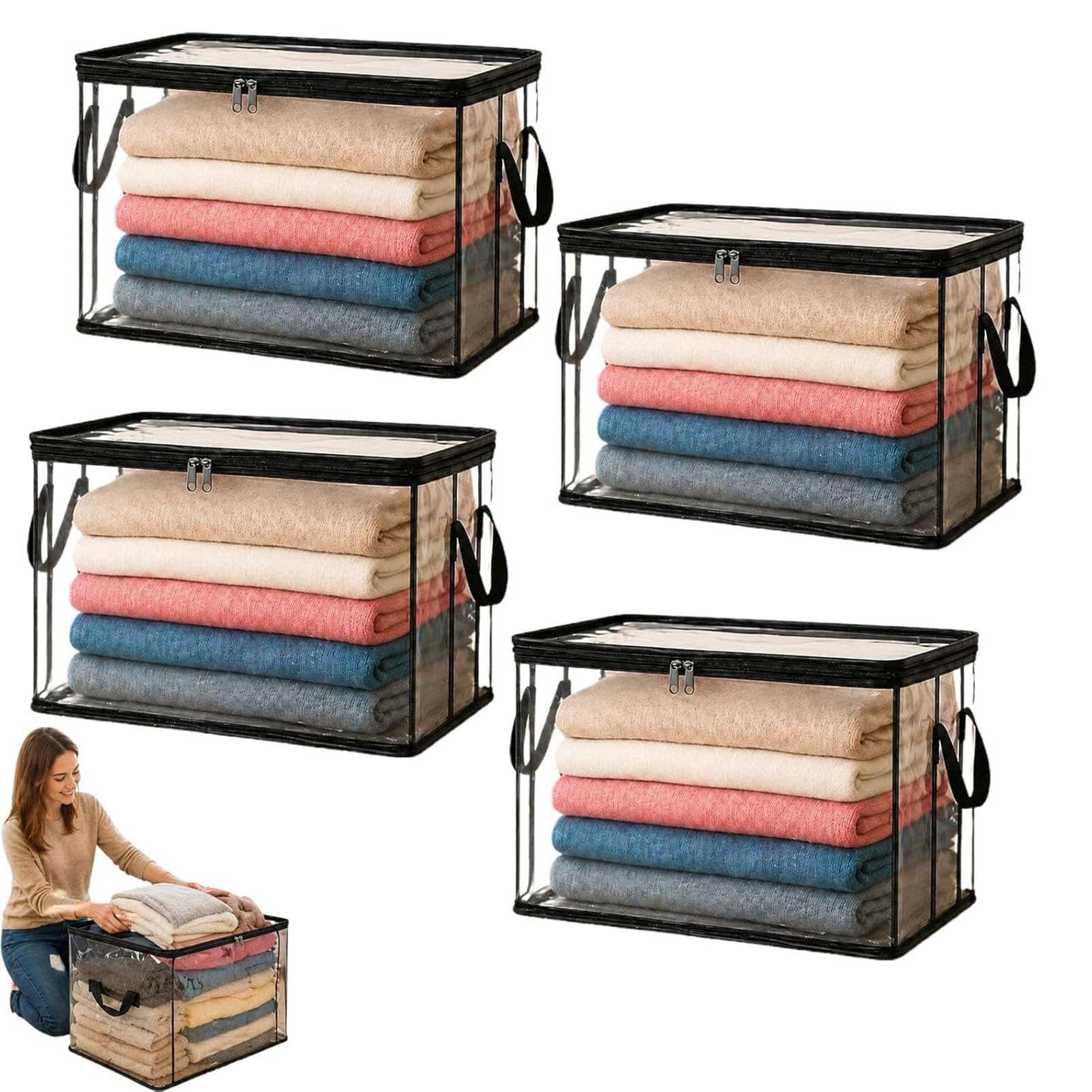 ZhuiFengAA Large Heavy-Duty Thick Plastic Clear Storage Bag for Clothes, Moving & Storages, Stackable Foldable Bins Totes Bags for College Dorm Packing Home Organization(4PCS)