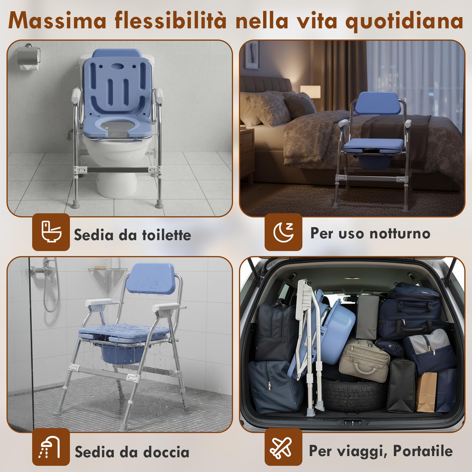 Sedia WC 4 in 1 per anziani: schienale ergonomico girevole regolabile in altezza, sedia da doccia pieghevole con cuscino in EVA, telaio stabile in acciaio inox
