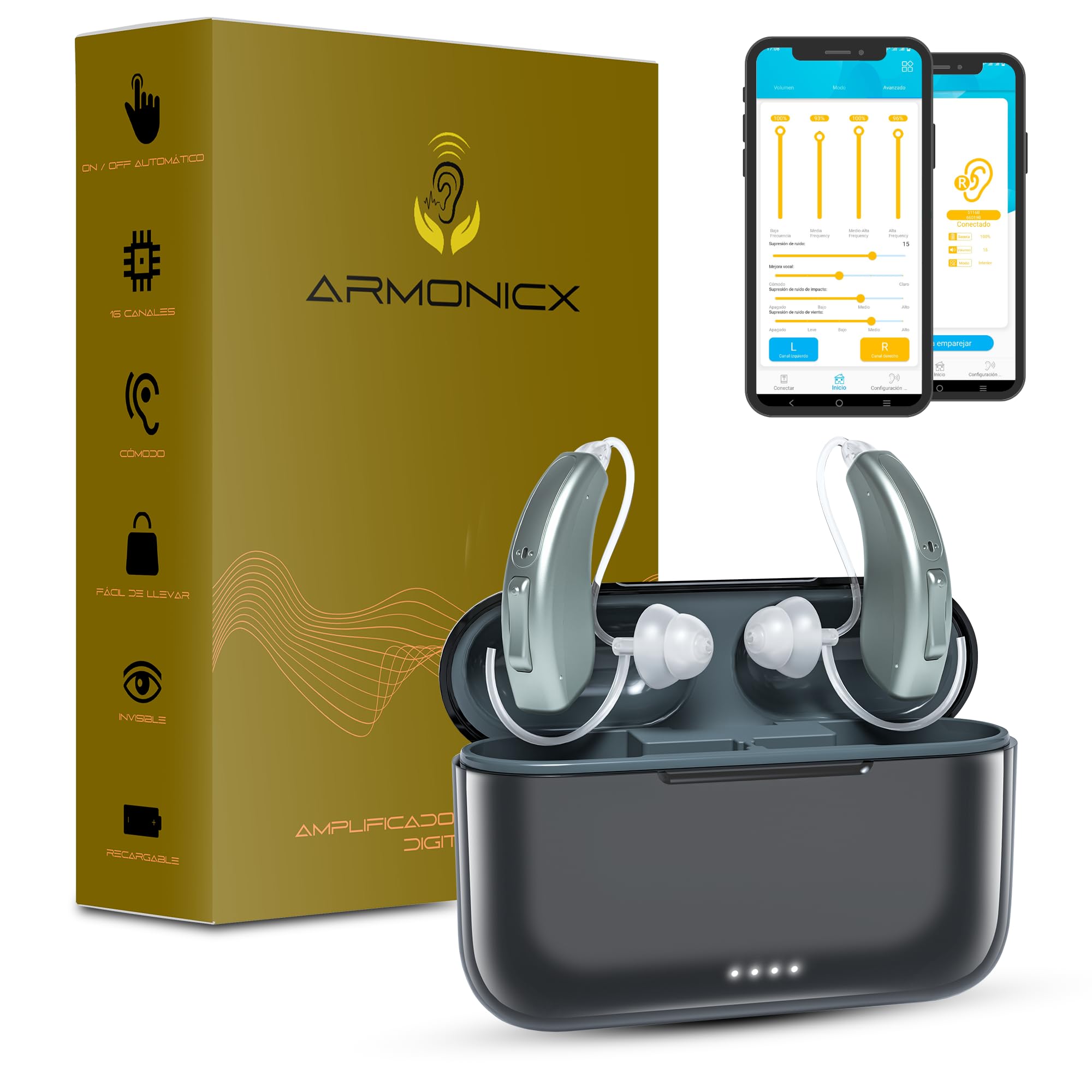 Amplificador Auditivo Recargable - Amplificador de Sonido para Mayores Inalámbrico con Bluetooth para Llamadas y Música y APP Móvil, 16 Canales de Nueva Generación, Invisible, Manual y APP en Español