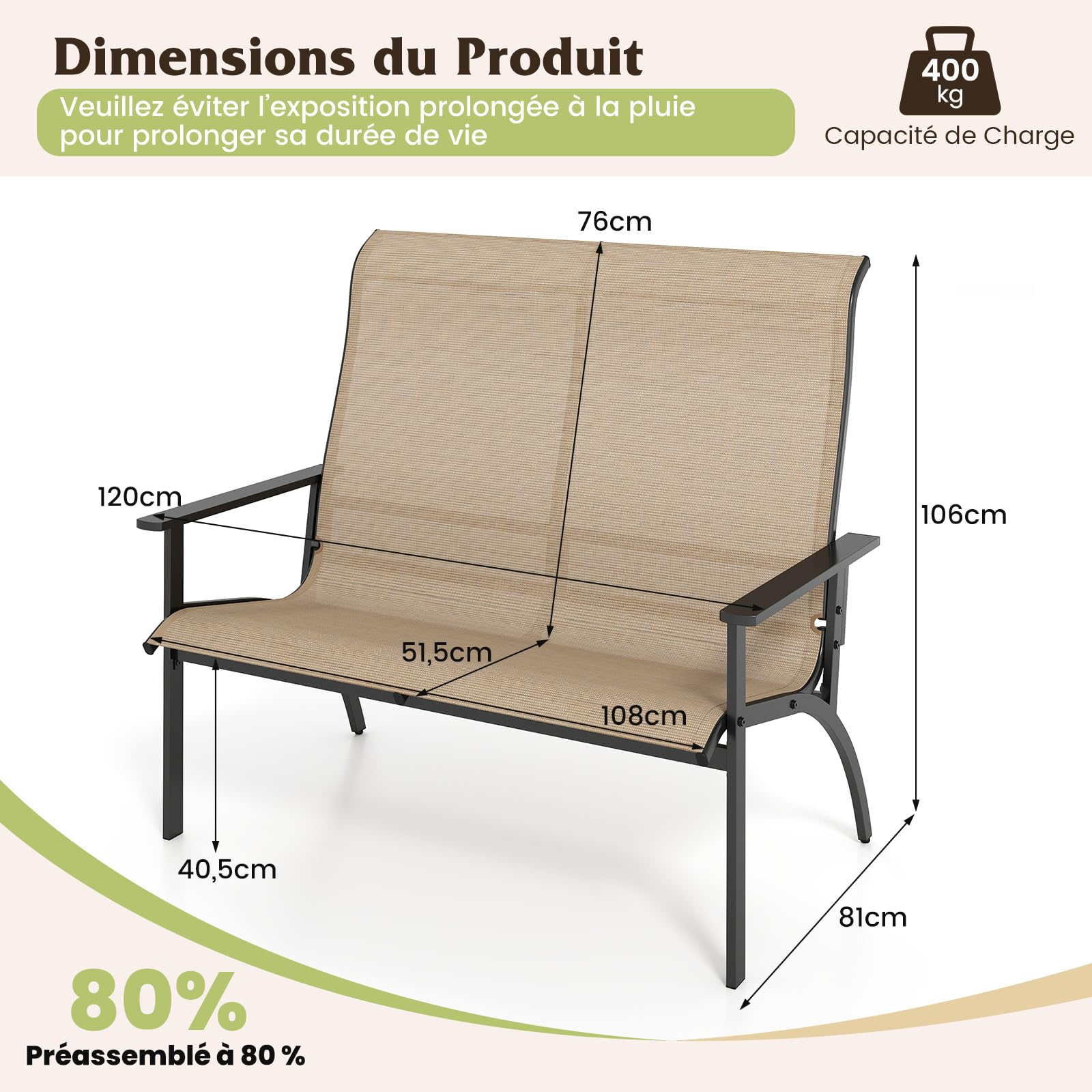 COSTWAY Banc Exterieur Jardin, Banc de Jardin à 2 Personnes, Charge 400 kg, Dossier Haut, Cadre en Métal, Banquette avec Accudoirs pour Terrasse Pelouse Porche, 120 x 81 x 106 cm, Café