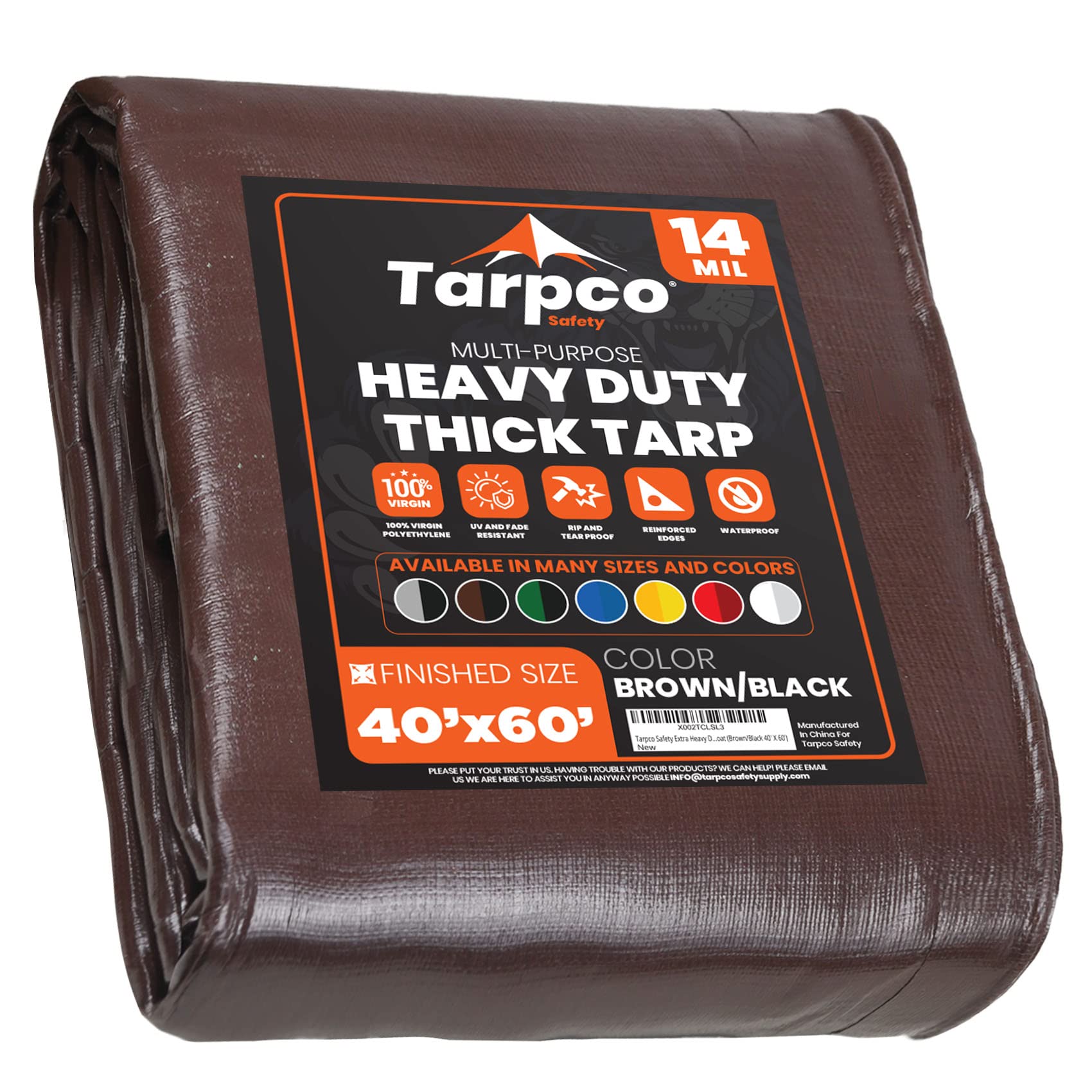 Extra Heavy Duty 14 Mil Tarp Cover, Waterproof, UV Resistant, Rip and Tear Proof, Poly Tarpaulin with Reinforced Edges for Roof, Camping, Patio, Pool, Boat (Brown/Black 40′ X 60′)