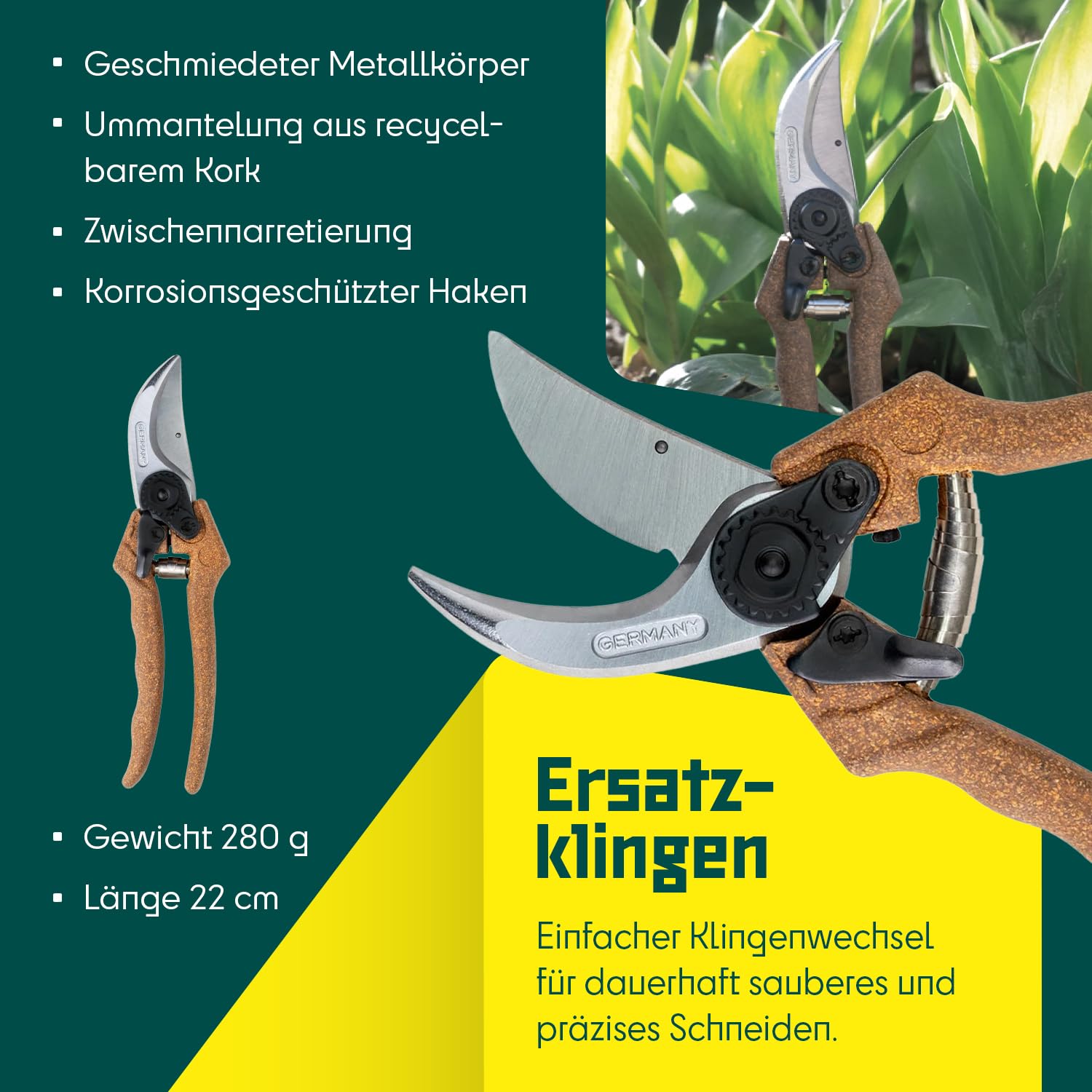 BERGER Handschere Bypass Klassik C1200 | Klassische Gartenschere mit geradem Schneidkopf & Korkgriff | Robuste Profi Blumenschere aus Metall mit Einhandverschluss | KWF-zertifiziert | Made in Germany