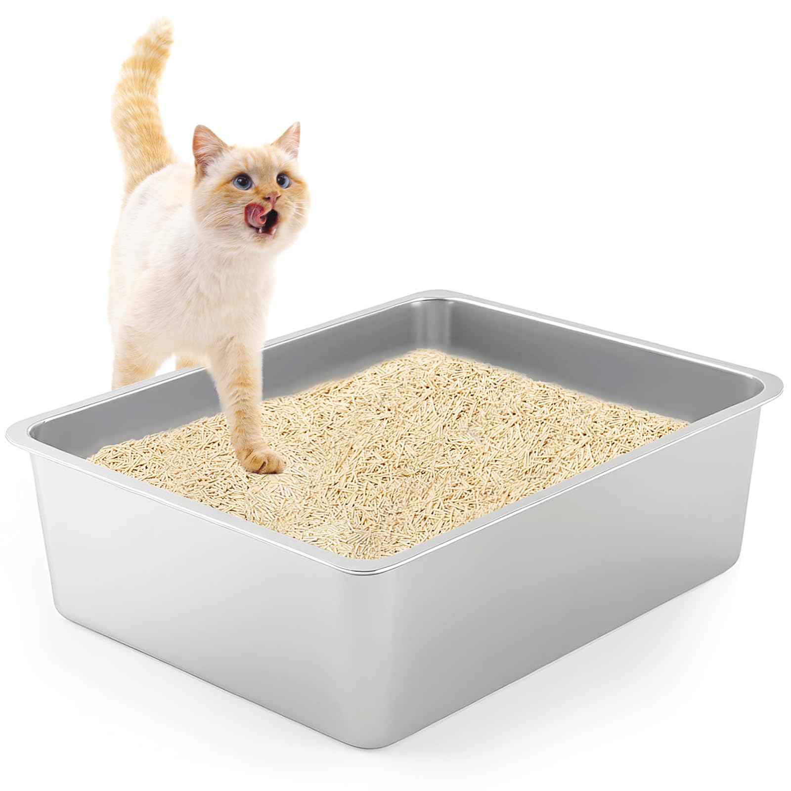 PTLOM Roestvrijstalen kattenbak, grote kattenbak van metaal, spatwaterdicht, geurvrij en met anti-kleeflaag, geschikt voor grote en kleine katten, konijnen, 60x 40 x 20 cm