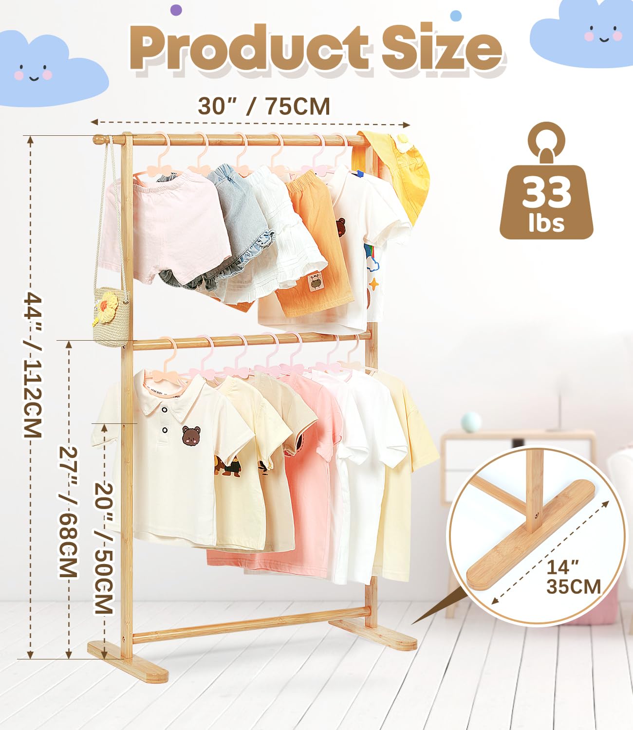 Relquorax Bamboo Kids Clothing Rack with Dual Poles, Child Dress Up Rack, Clothing OrganizerRack, Small GarmentRack, Perfect for Costumes and Accessories (Natural color)