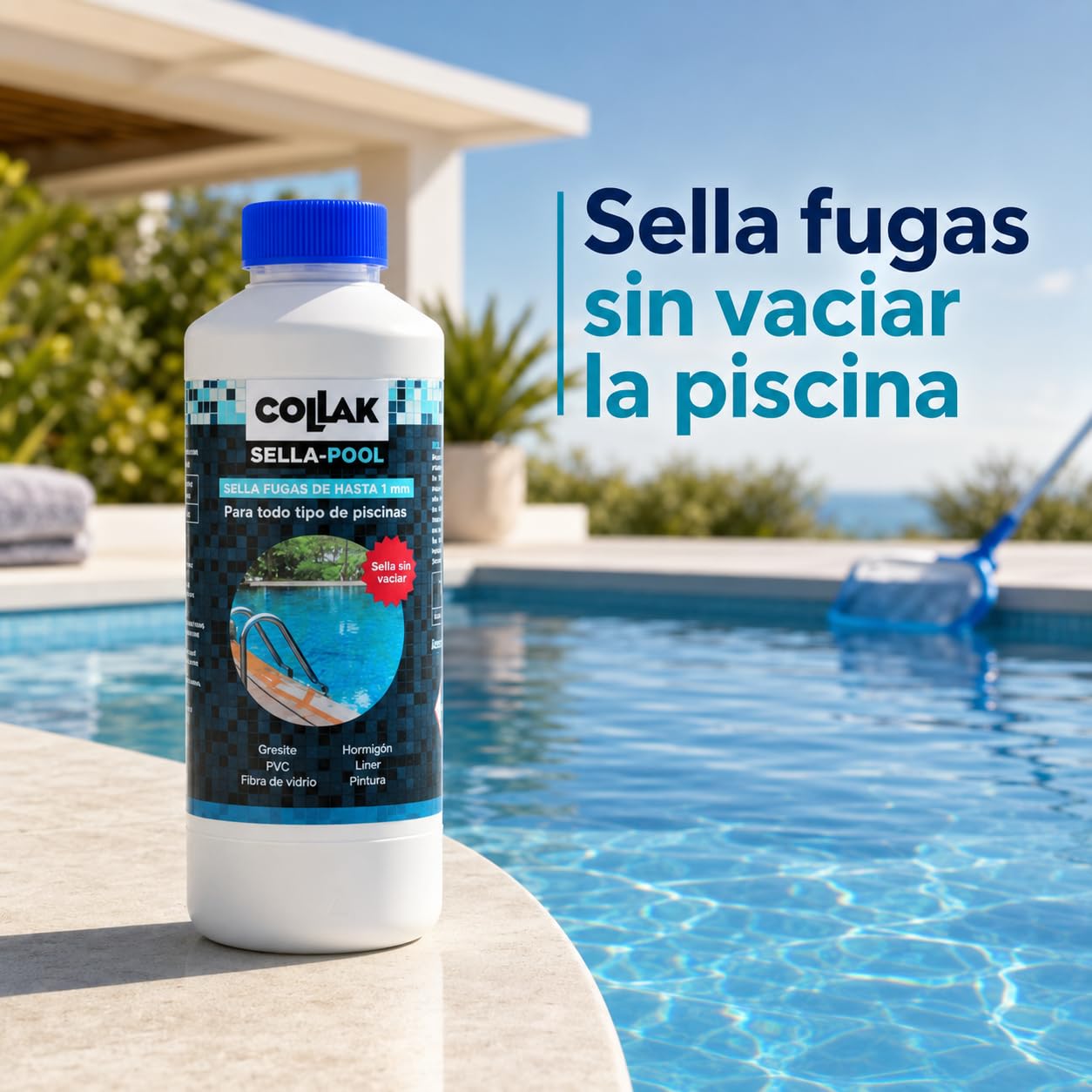 Collak Sigillante per perdite per piscina Seala-Pool 1L - Ripara crepe senza vuoto - Compatibile con Liner, Calcestruzzo, PVC, Fibra, SPA, Serbatoi e Tubi - Uso professionale e domestico