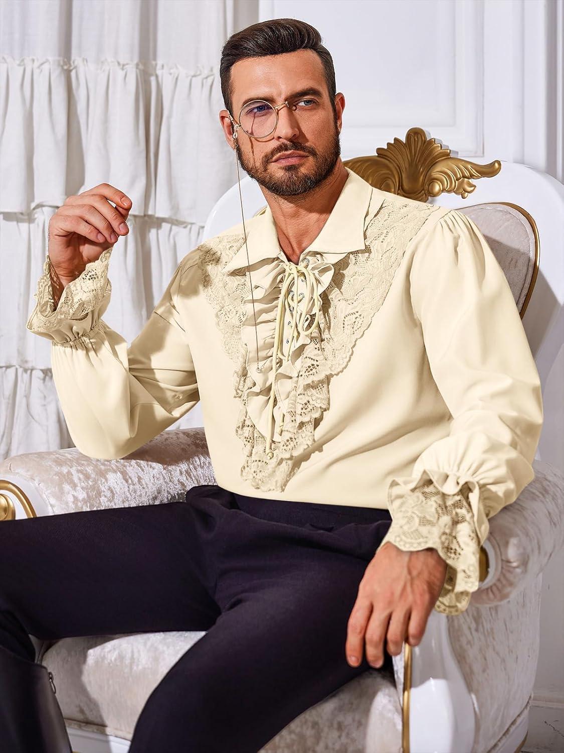 Runcati Mens Pirate Shirt Ruffle Renaissance Victorian Vampire Poet Shirts Steampunk Gothic Medieval Lace Costume - Image 3