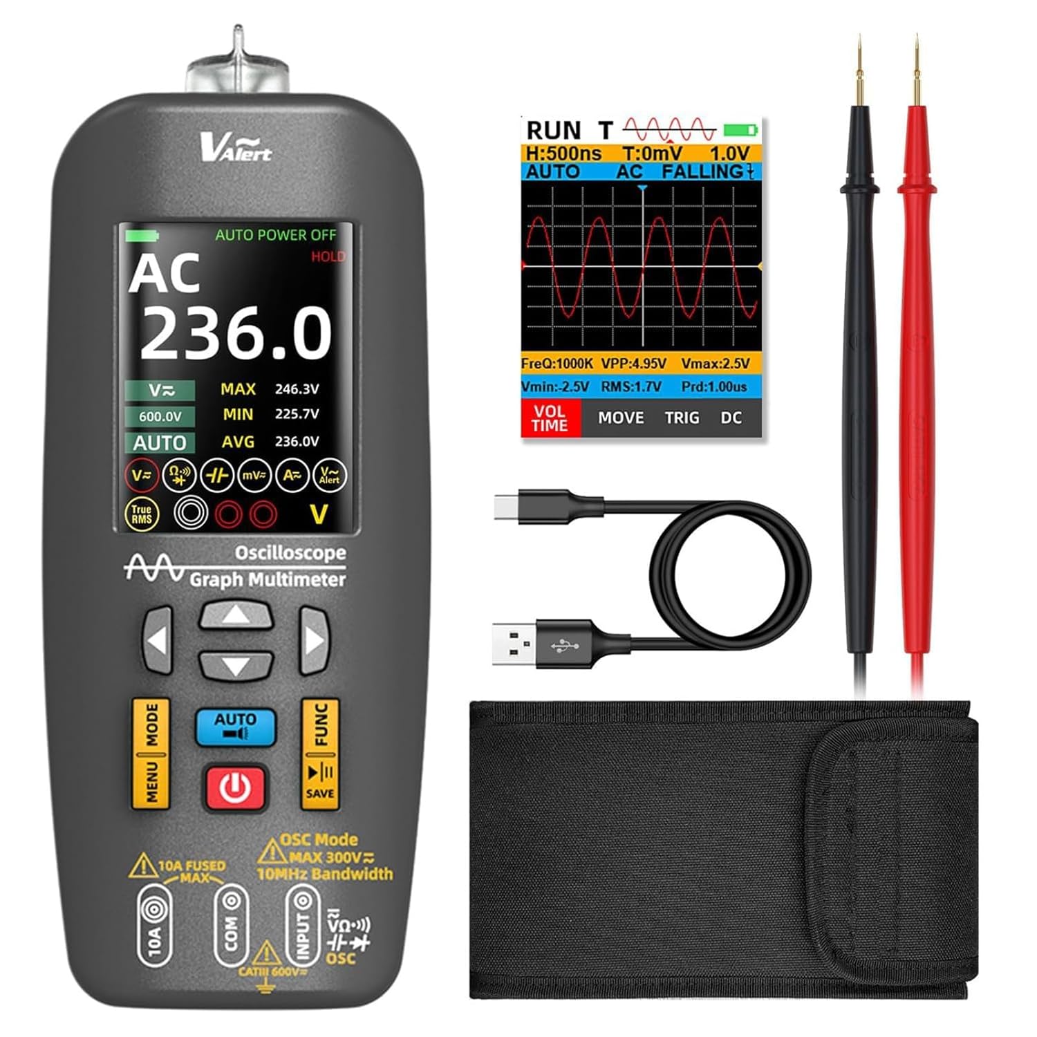 Handheld Digital Oscilloscope Multimeter, 10MHz Bandwidth with 48MSa/s Sampling Rate, Capacitance Diode Amp Ohm Continuity DC AC Voltage Tester