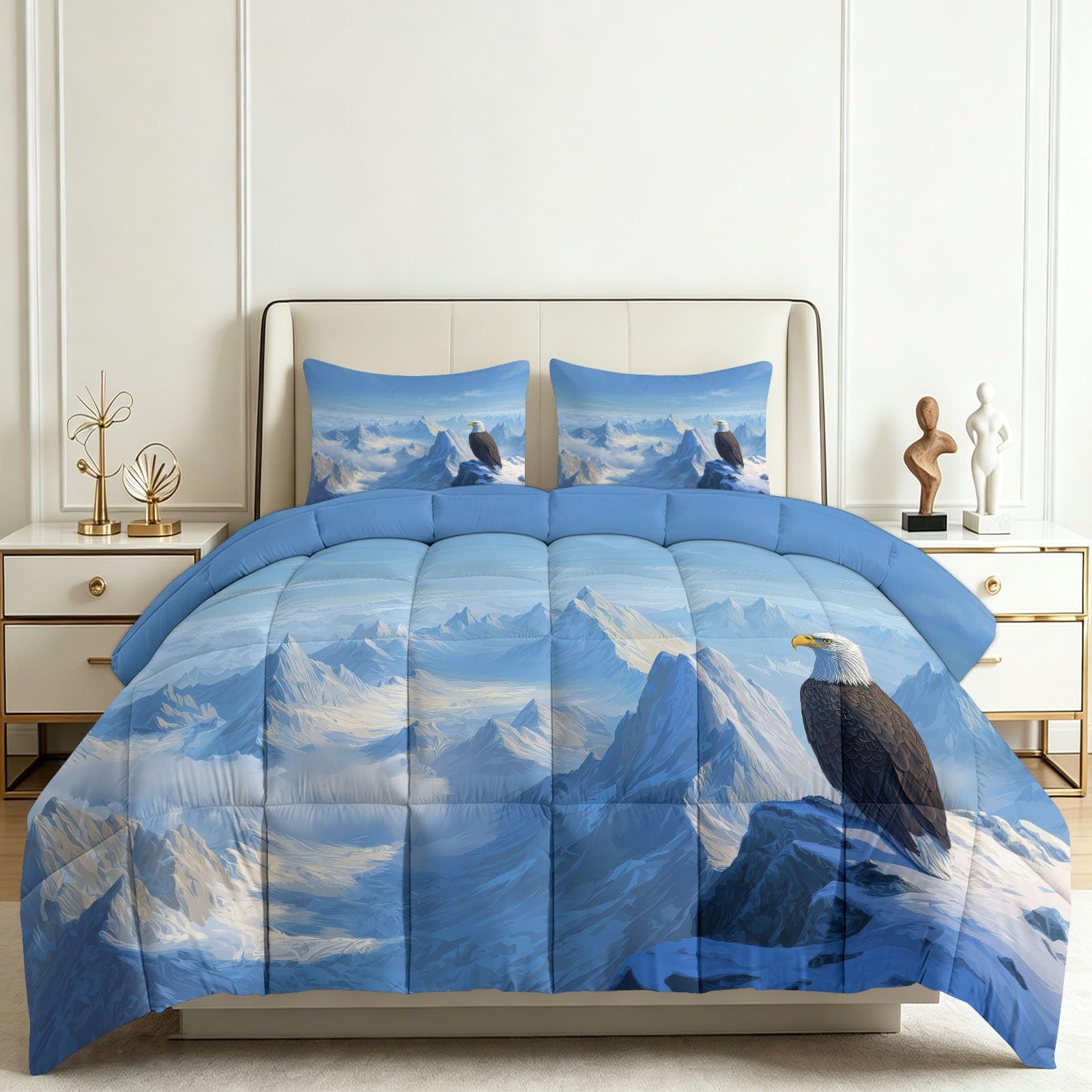 Generico Trapunta 150x200cm Montagne Blu Innevate Aquile Piumino 4 Stagioni Stampa Double Face Ultra morbido, Coperta Letto Invernale Lavabile, Piumone per Bambini Adulti con 2 Federa