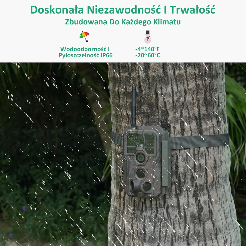 GardePro E8 Kamera Myśliwska WiFi z Aplikacją, 64MP H.264 1296P Wideo, Niewidzialne Podczerwone LED do 30m, 0.1s Szybki Wyzwalacz, Czujnik Ruchu, Kąt 120°, Wodoodporność IP66