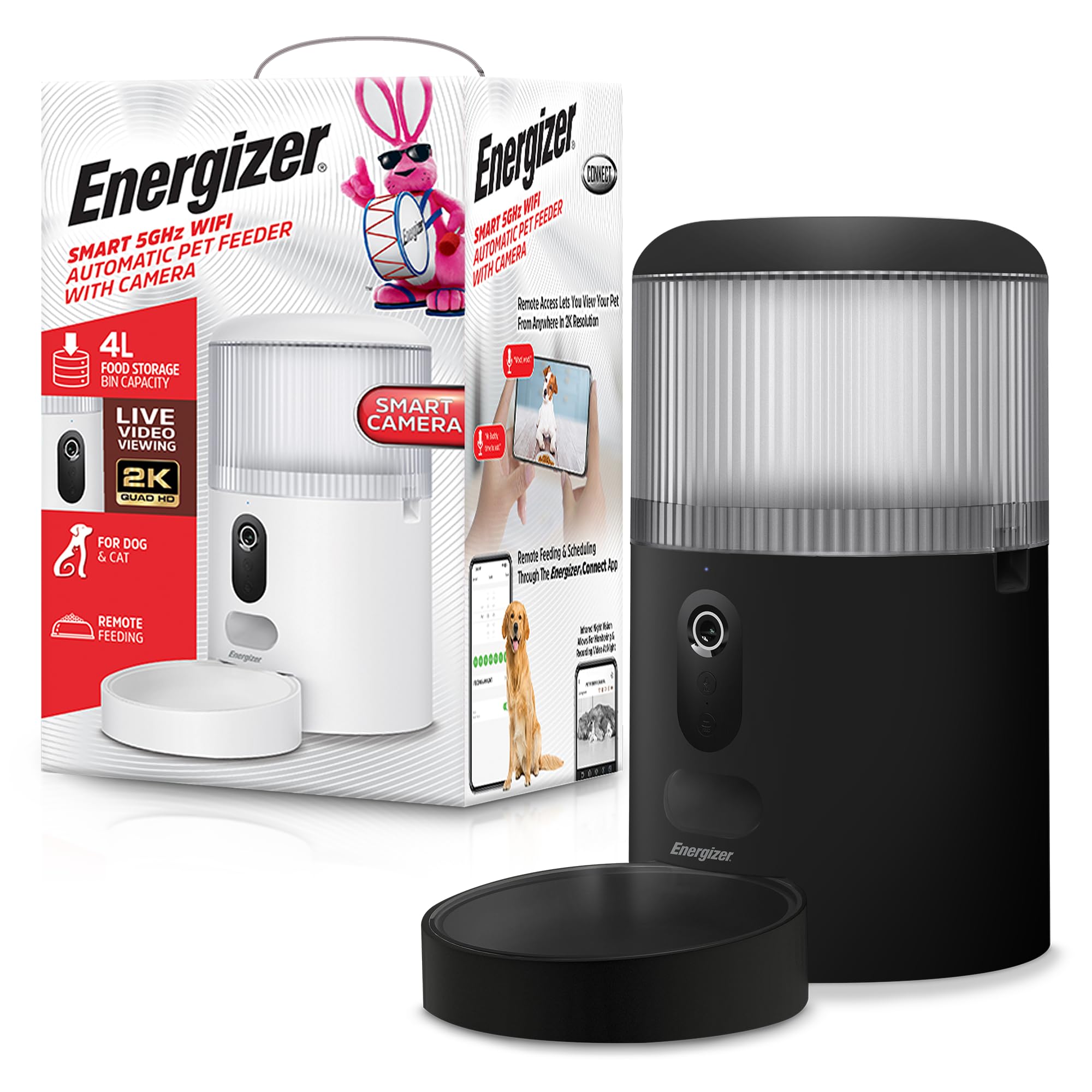 Energizer Smart Pet Feeder with 2K Video Camera, 5Ghz & 2.4Ghz Dual Band Wi-Fi, 2-Way Audio, Night Vision, 4L Food Capacity, Remote Feeding Dogs & Cats, Compatible with Alexa & Google, Records